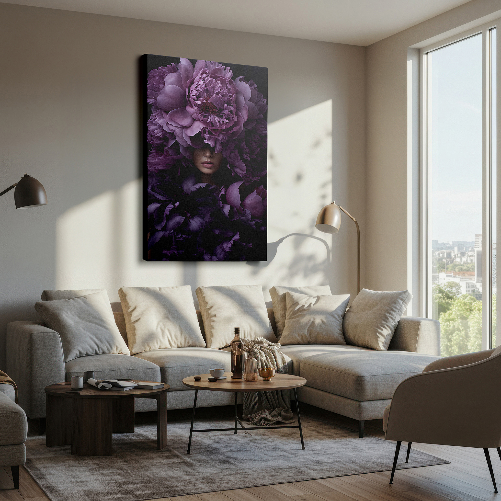Framed by abstract decor and natural-toned accessories — purple peonies and serene model with floral crown large wall art, canvas wall art, wall decor for office and bedroom
