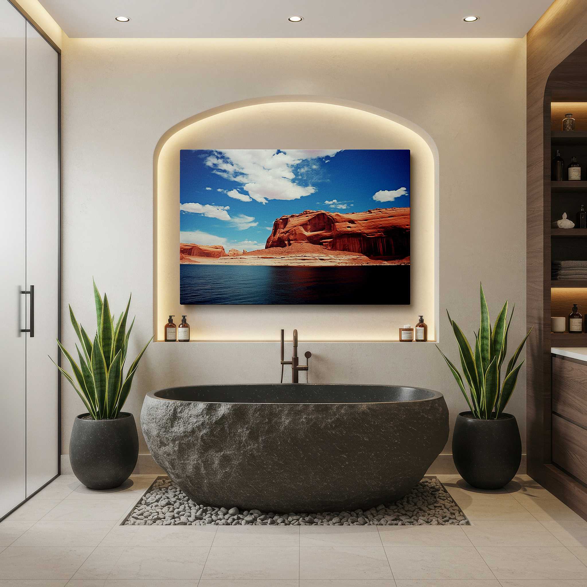 Framed by abstract decor and natural-toned accessories — red rocks and reflective waters under a blue sky large canvas wall art for office and bedroom decor