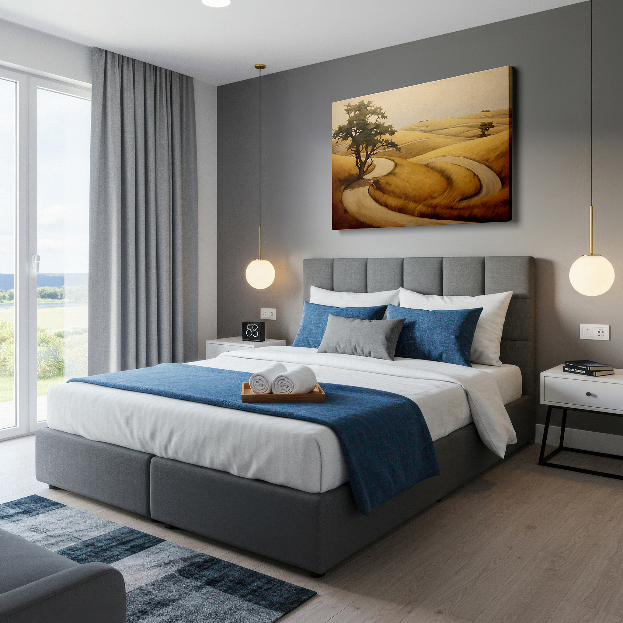 Framed by abstract decor and natural-toned accessories — serene abstract landscape featuring rolling hills and a lone tree - large canvas wall art for home and office decor