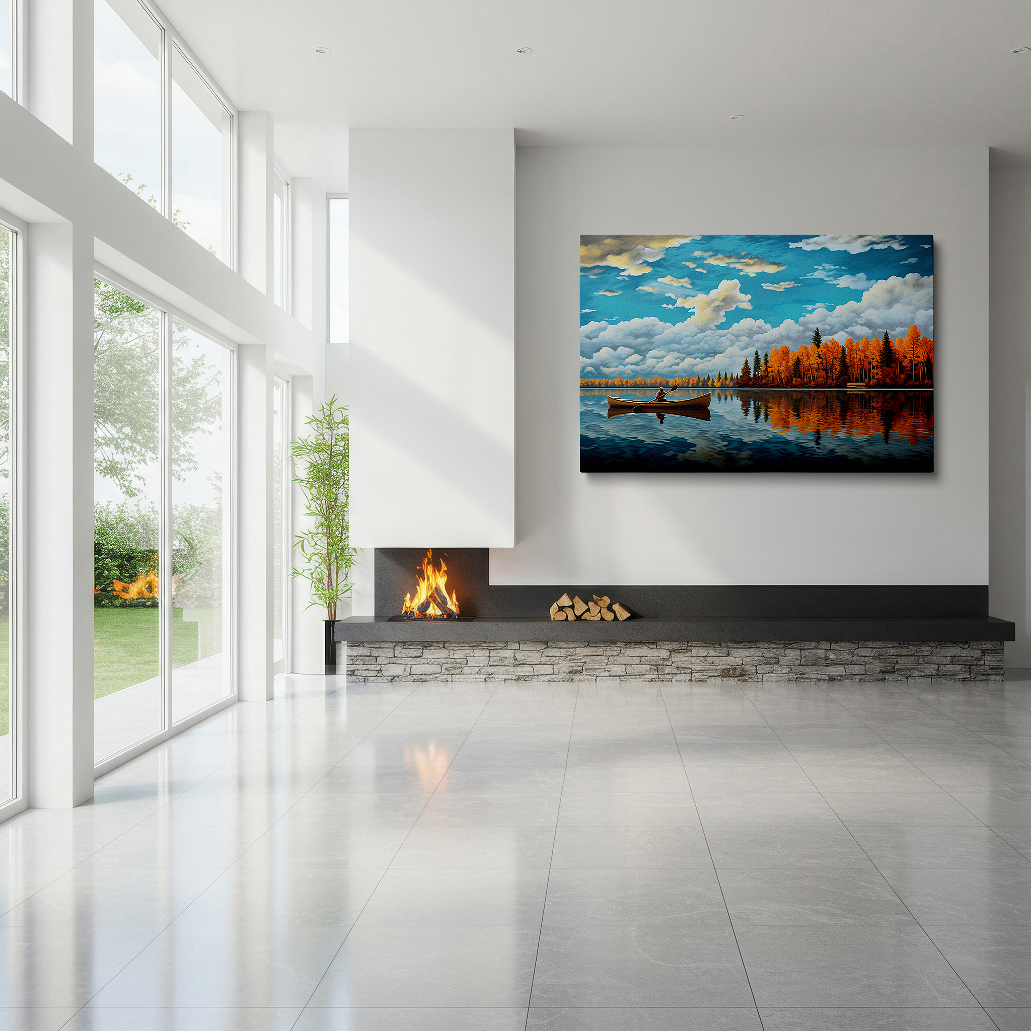 Framed by abstract decor and natural-toned accessories — serene autumn day featuring a lone canoeist and vibrant fall foliage - large canvas wall art for home and office decor