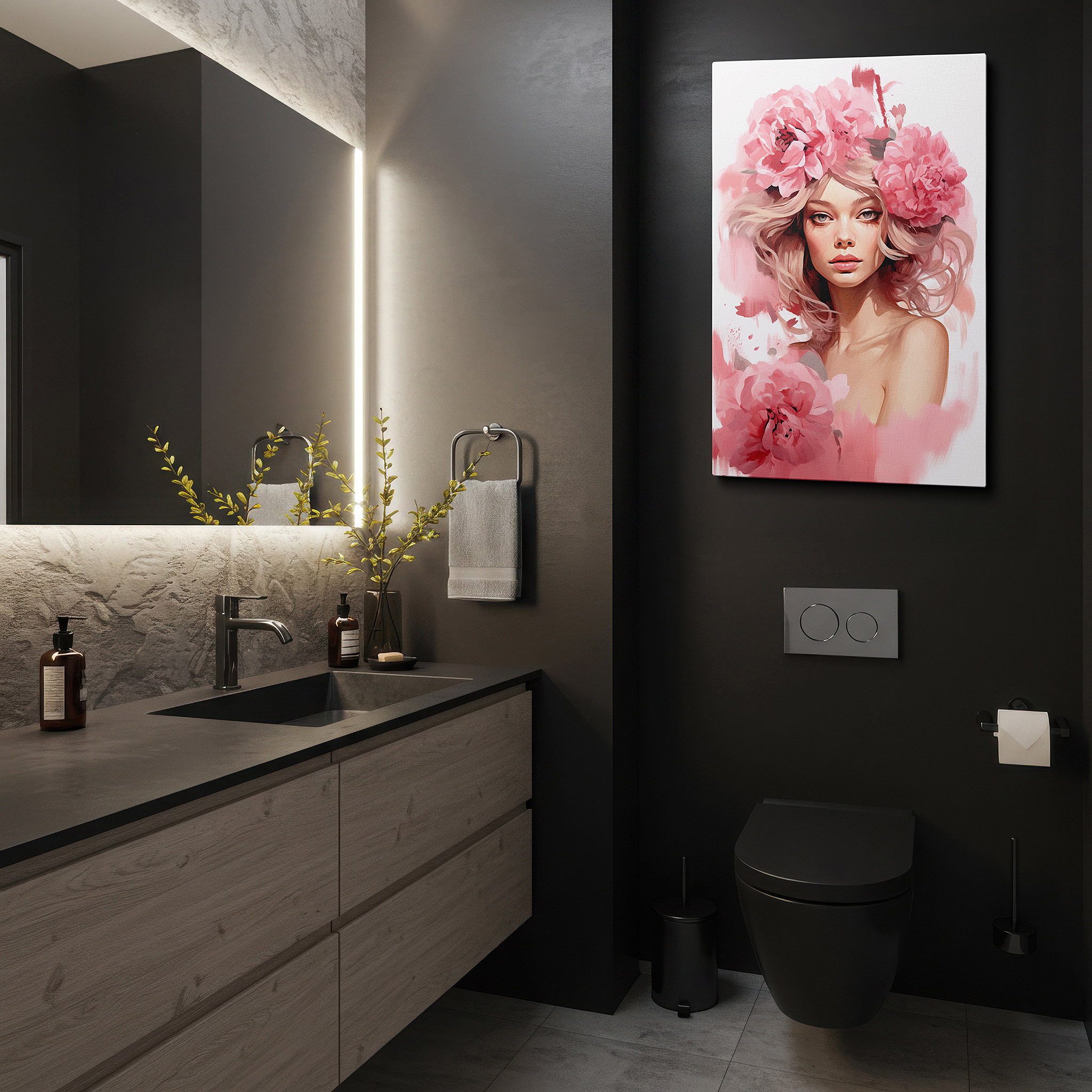 Framed by abstract decor and natural-toned accessories — serene beauty amidst a cascade of soft pink flowers large wall art, canvas wall art, wall art decor, office wall art, bedroom wall art, living room wall art