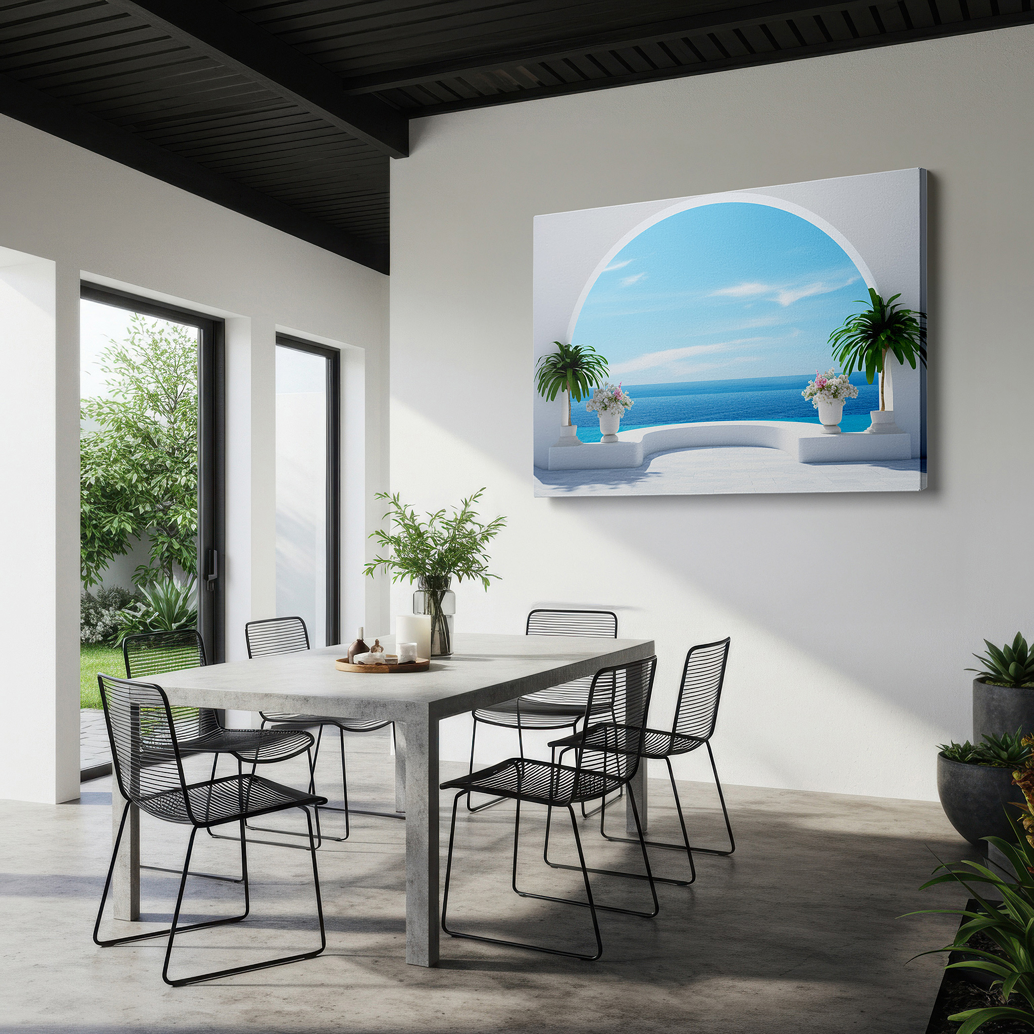 Framed by abstract decor and natural-toned accessories — serene coastal scene through a minimalist archway, tranquil escape large wall art, canvas wall decor for office and bedroom