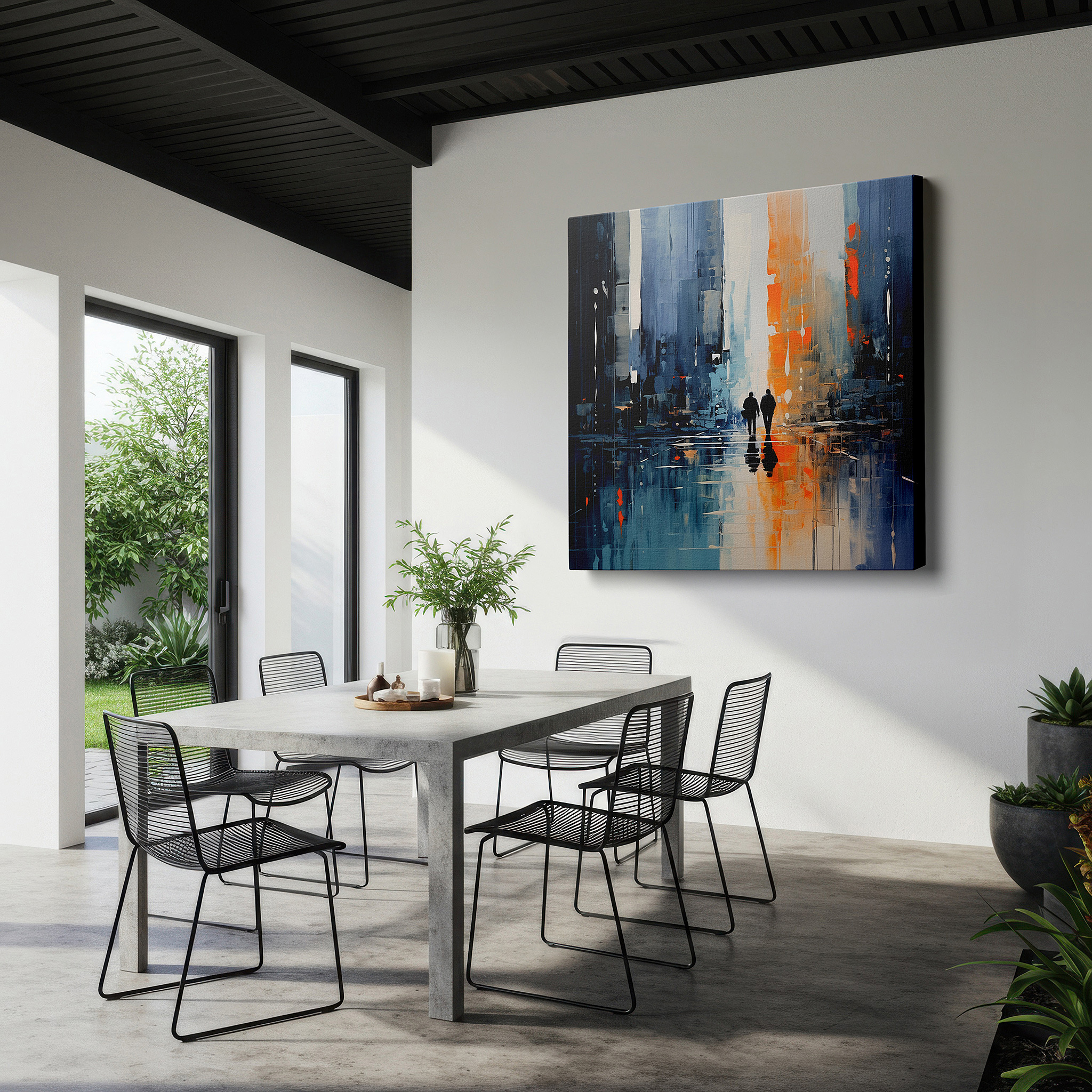 Framed by abstract decor and natural-toned accessories — serene companionship in the twilight glow amidst a busy cityscape: large wall art, canvas wall art, wall decor for office and bedroom