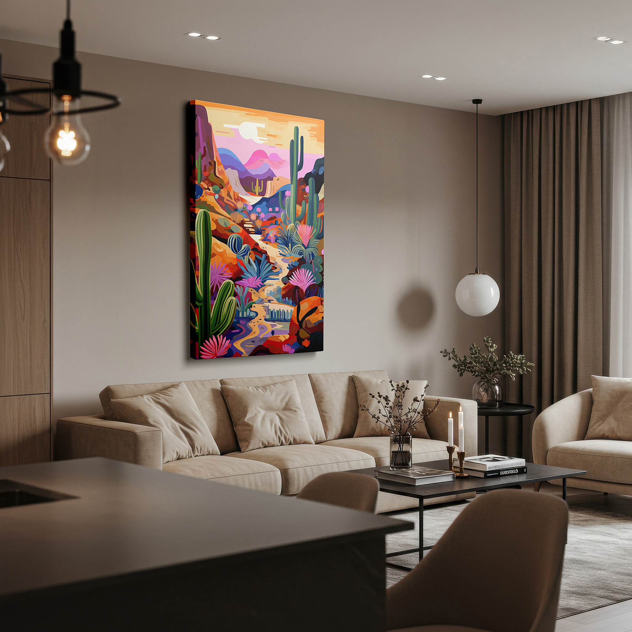Framed by abstract decor and natural-toned accessories — serene desert sunset featuring majestic cacti and vibrant flora - large canvas wall art for office, bedroom, and living room decor