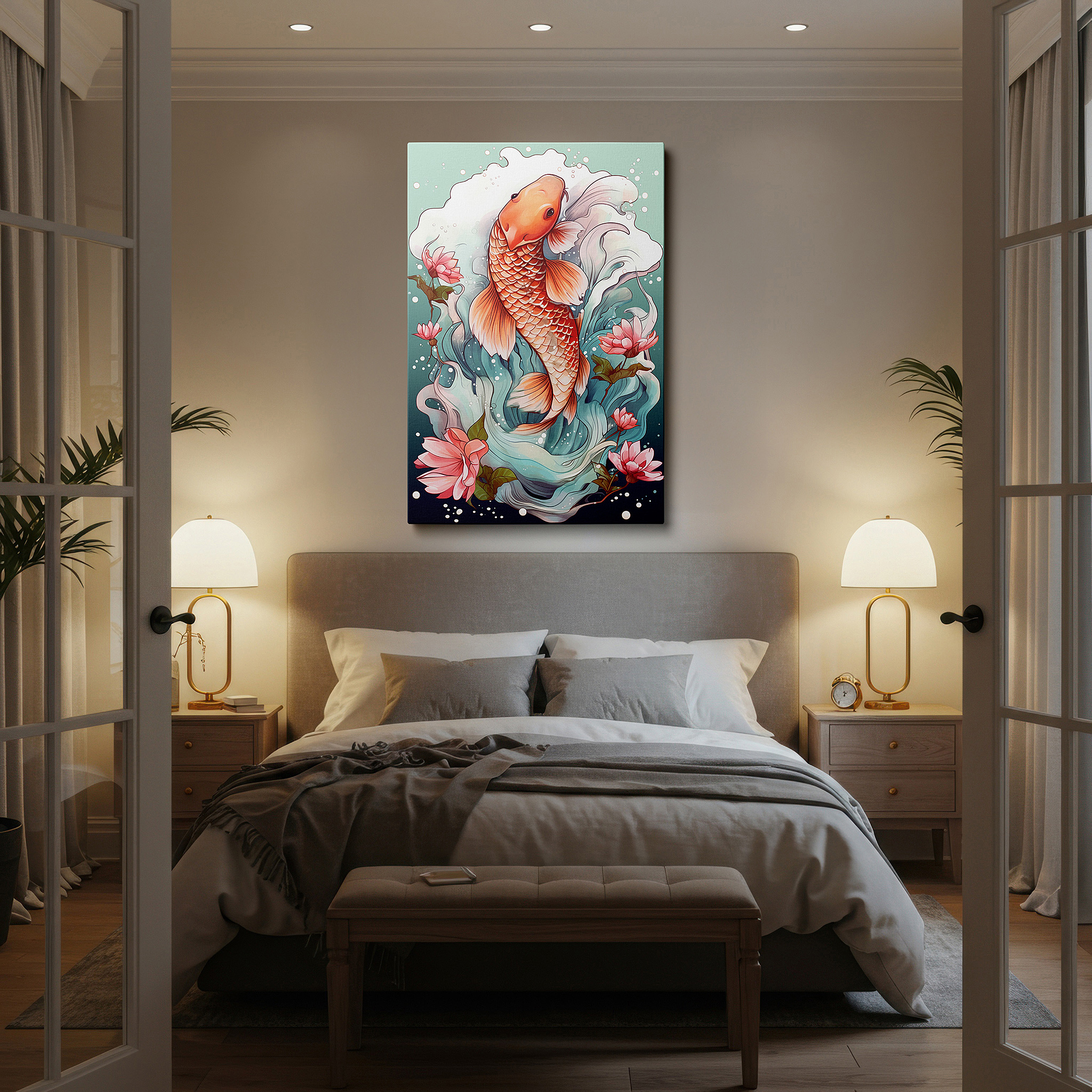 Framed by abstract decor and natural-toned accessories — serene koi fish with swirling waters and delicate blossoms large canvas wall art for office and bedroom decor