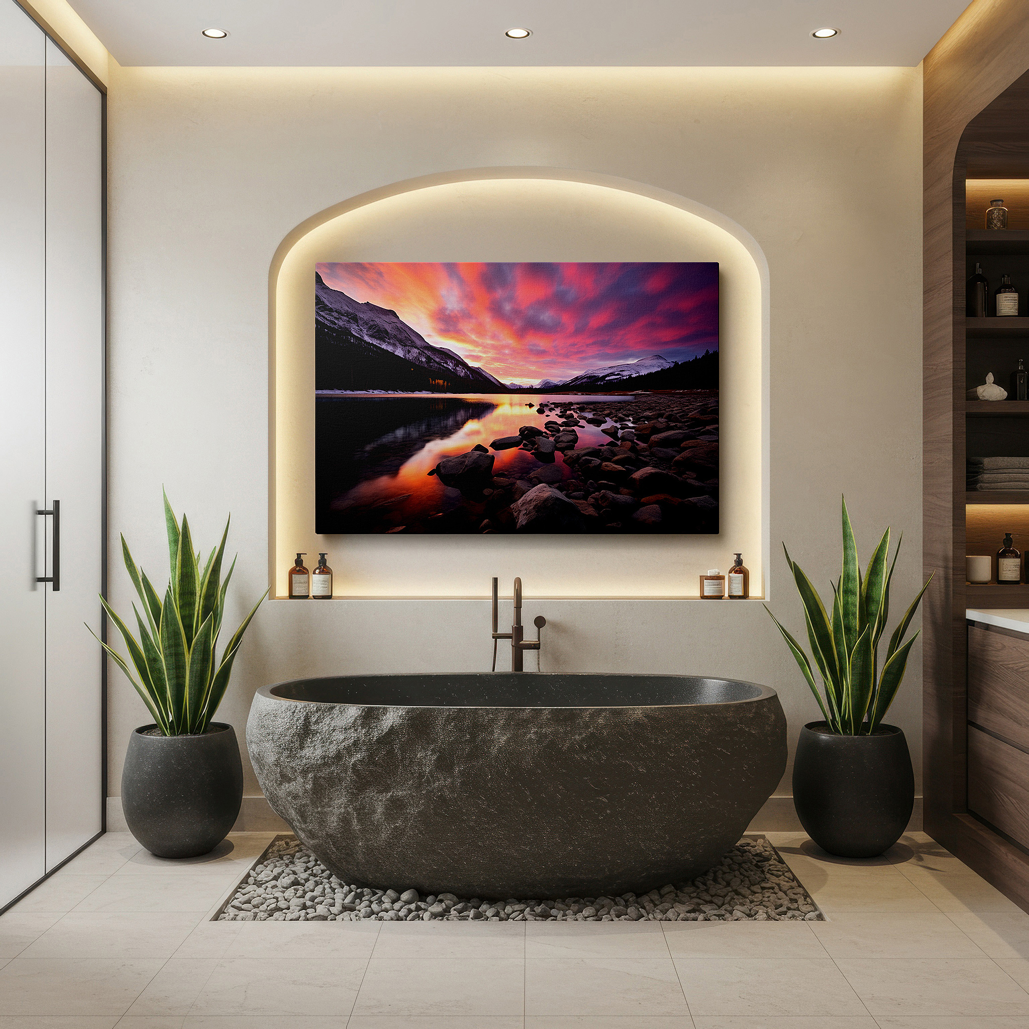 Framed by abstract decor and natural-toned accessories — serene lake and vibrant sunset reflections with majestic mountains large wall art, canvas wall art, wall decor for office and bedroom