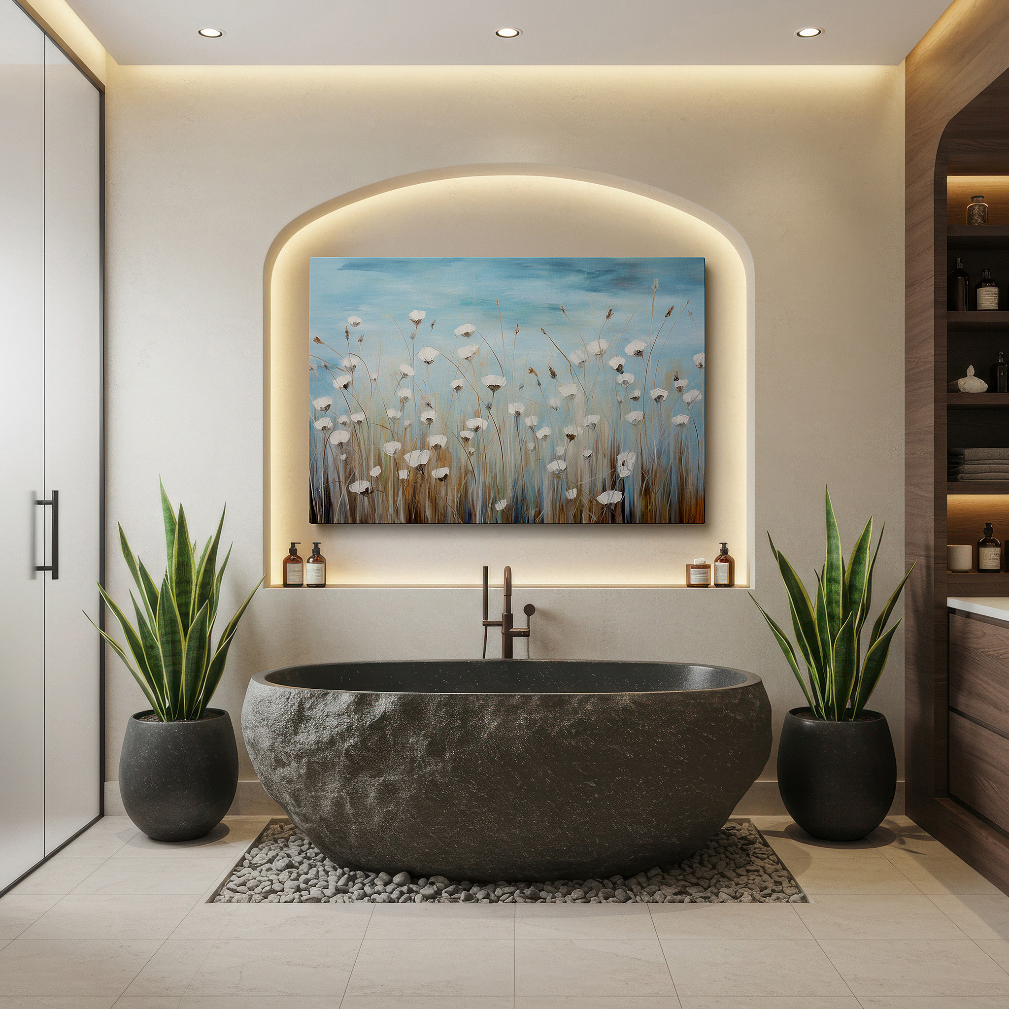 Framed by abstract decor and natural-toned accessories — serene meadow of white wildflowers large canvas wall art with blue backdrop, perfect for office or bedroom decor