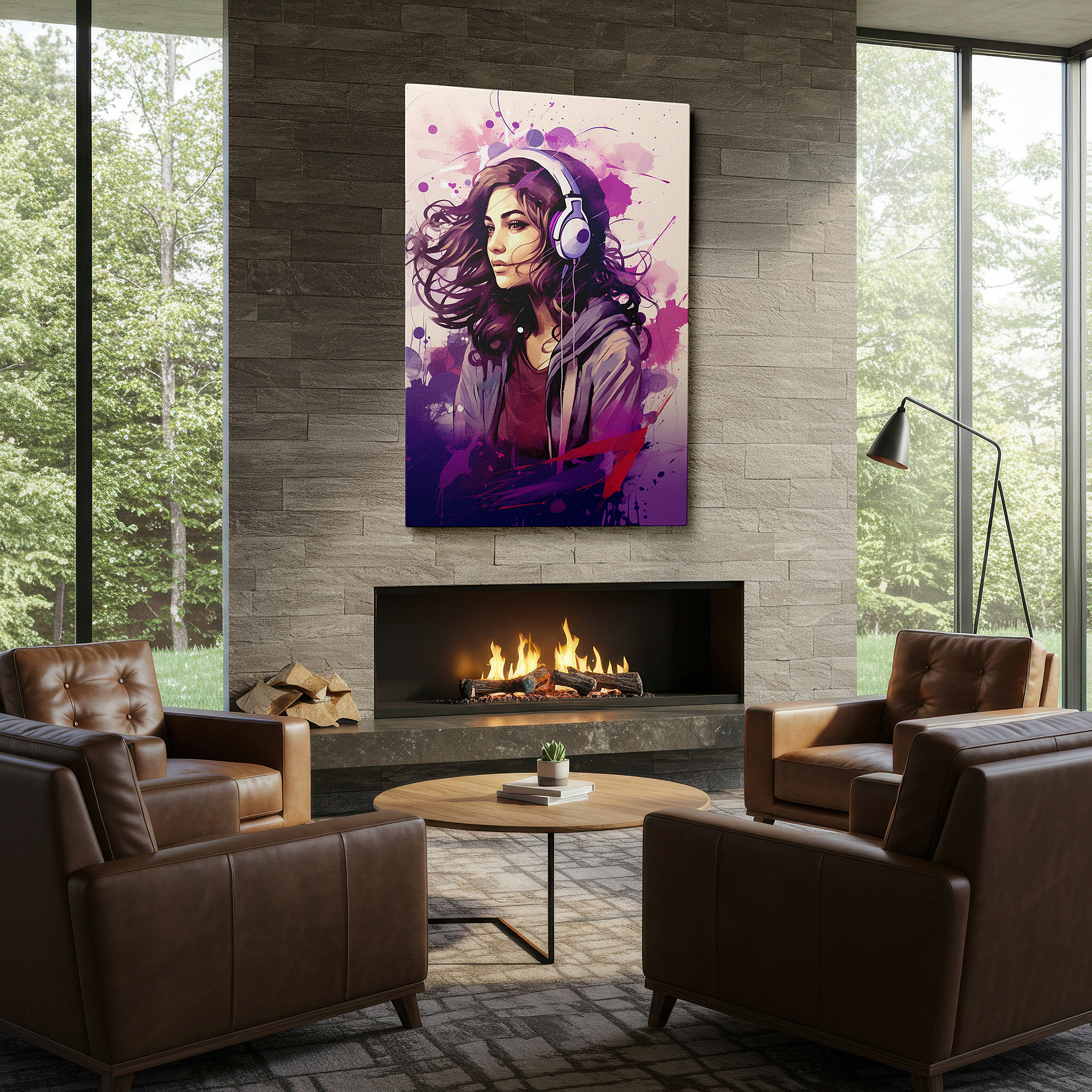 Framed by abstract decor and natural-toned accessories — serene melodies: a young woman's peaceful musical journey - large canvas wall art for bedrooms and offices