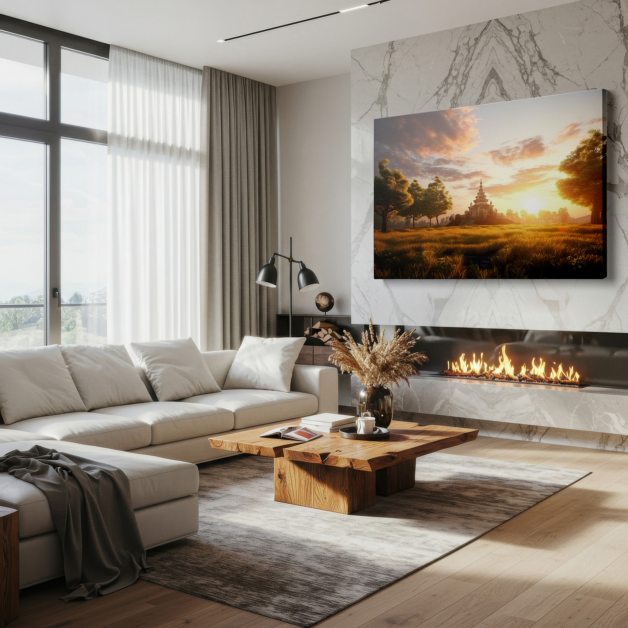 Framed by abstract decor and natural-toned accessories — serene pagoda amidst lush landscape bathed in sunset's golden light - large canvas wall art for office and bedroom decor