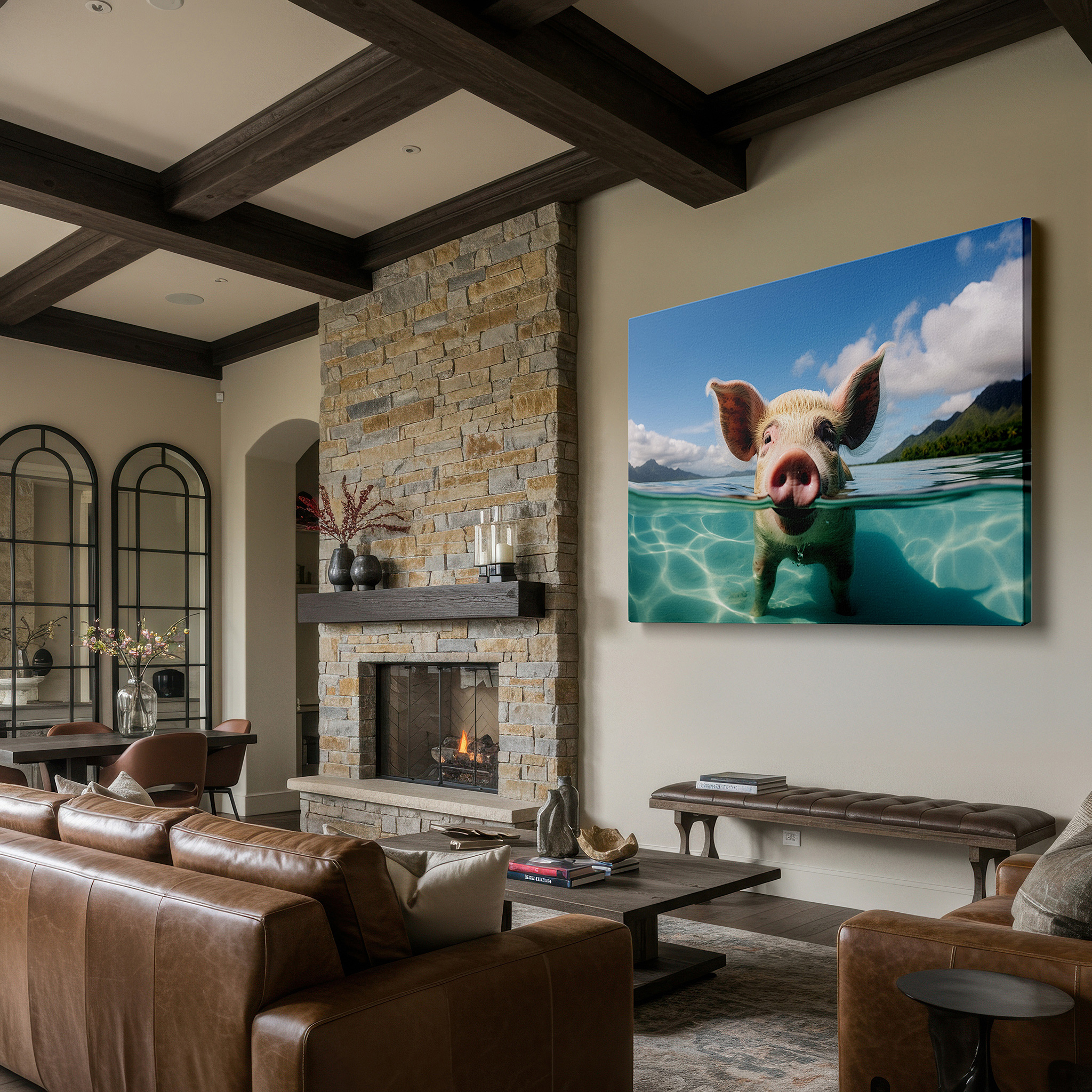 Framed by abstract decor and natural-toned accessories — serene pig floating in crystal waters with tropical mountain backdrop - large canvas wall art for office and bedroom decor