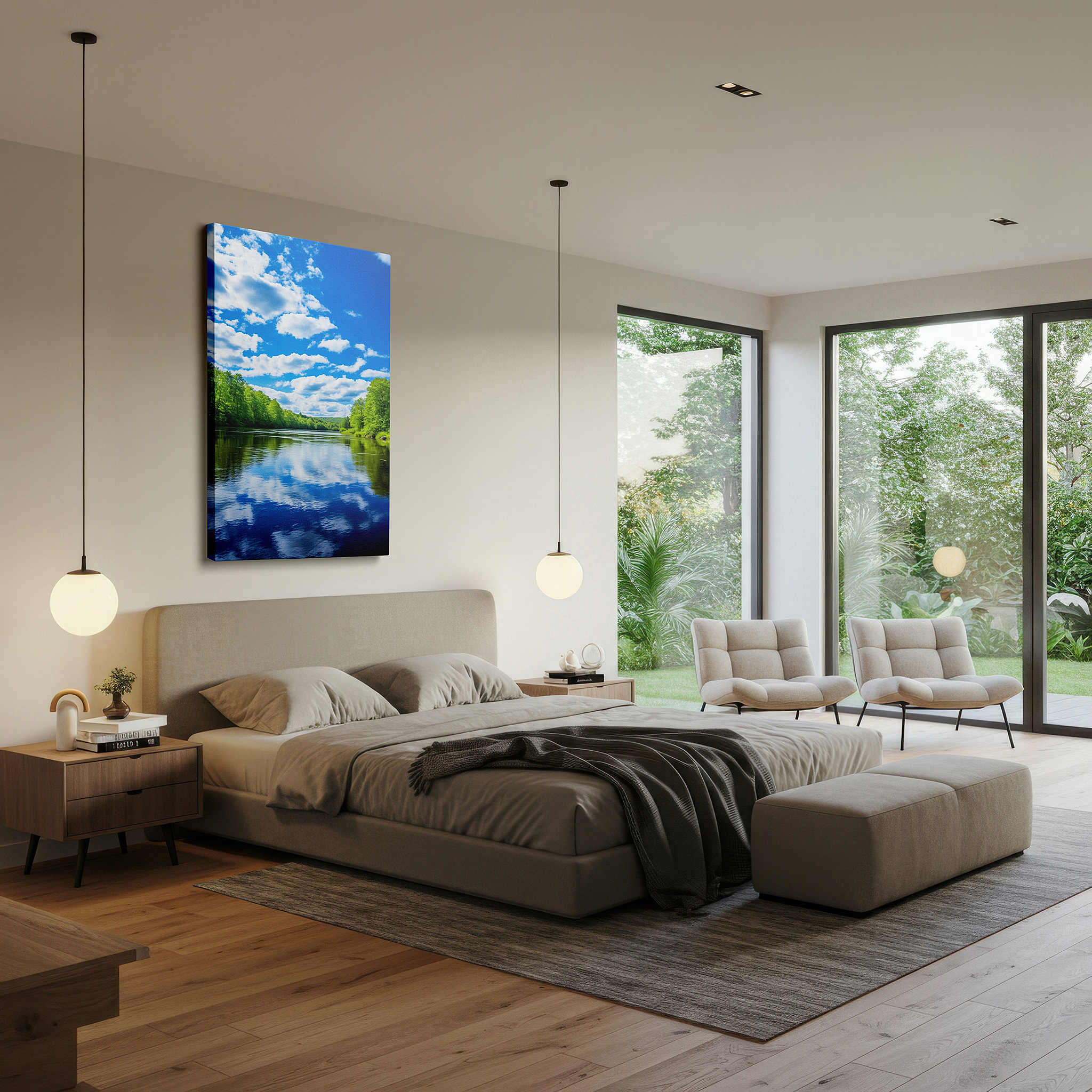 Framed by abstract decor and natural-toned accessories — serene riverscape and sky reflections: tranquil nature interplay large wall art, canvas decor for office and bedroom