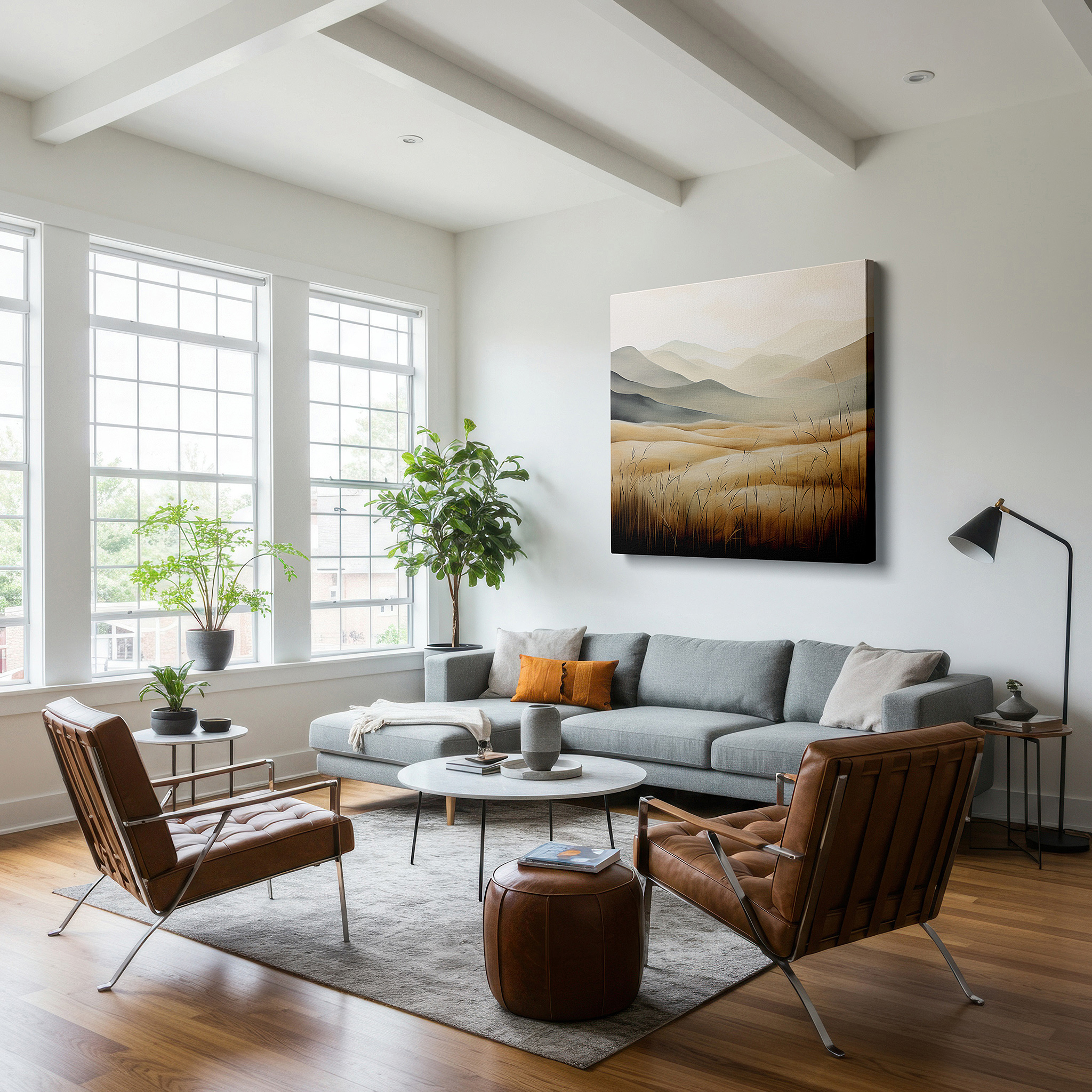 Framed by abstract decor and natural-toned accessories — serene rolling hills landscape with gentle sky - large canvas wall art for office, bedroom, and living room decor