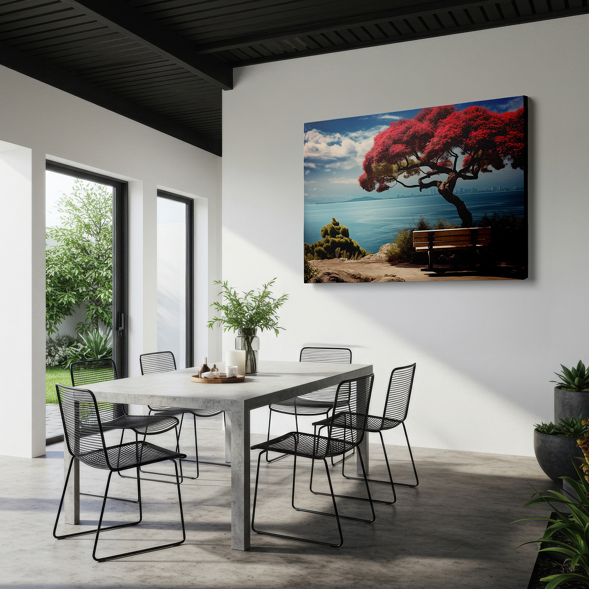 Framed by abstract decor and natural-toned accessories — serene seaside view with red tree and bench large canvas wall art, decorative wall art for office, bedroom, and living room