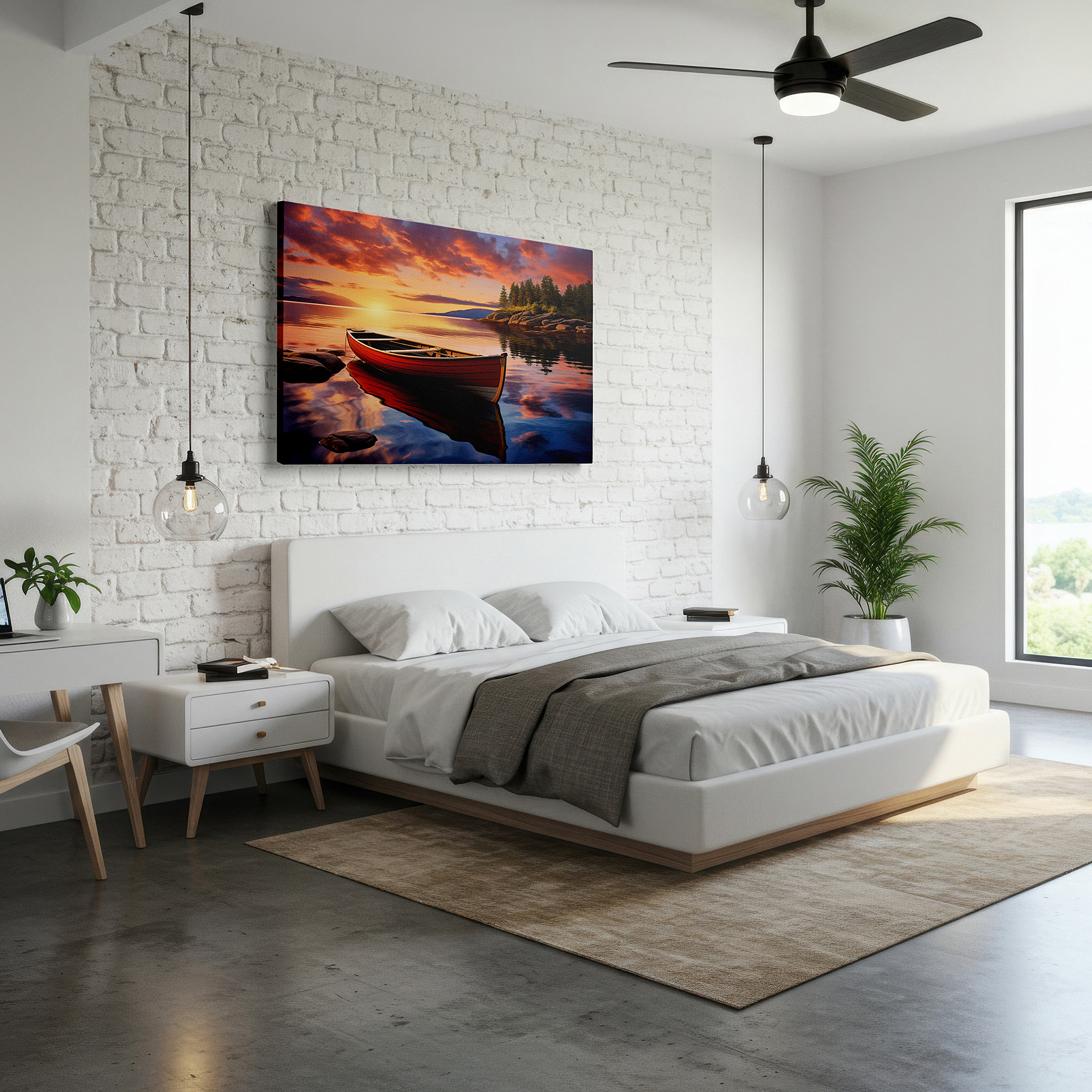 Framed by abstract decor and natural-toned accessories — serene sunset and red canoe by rugged rocks - tranquil lake escape large wall art, canvas wall art, wall decor for office and bedroom