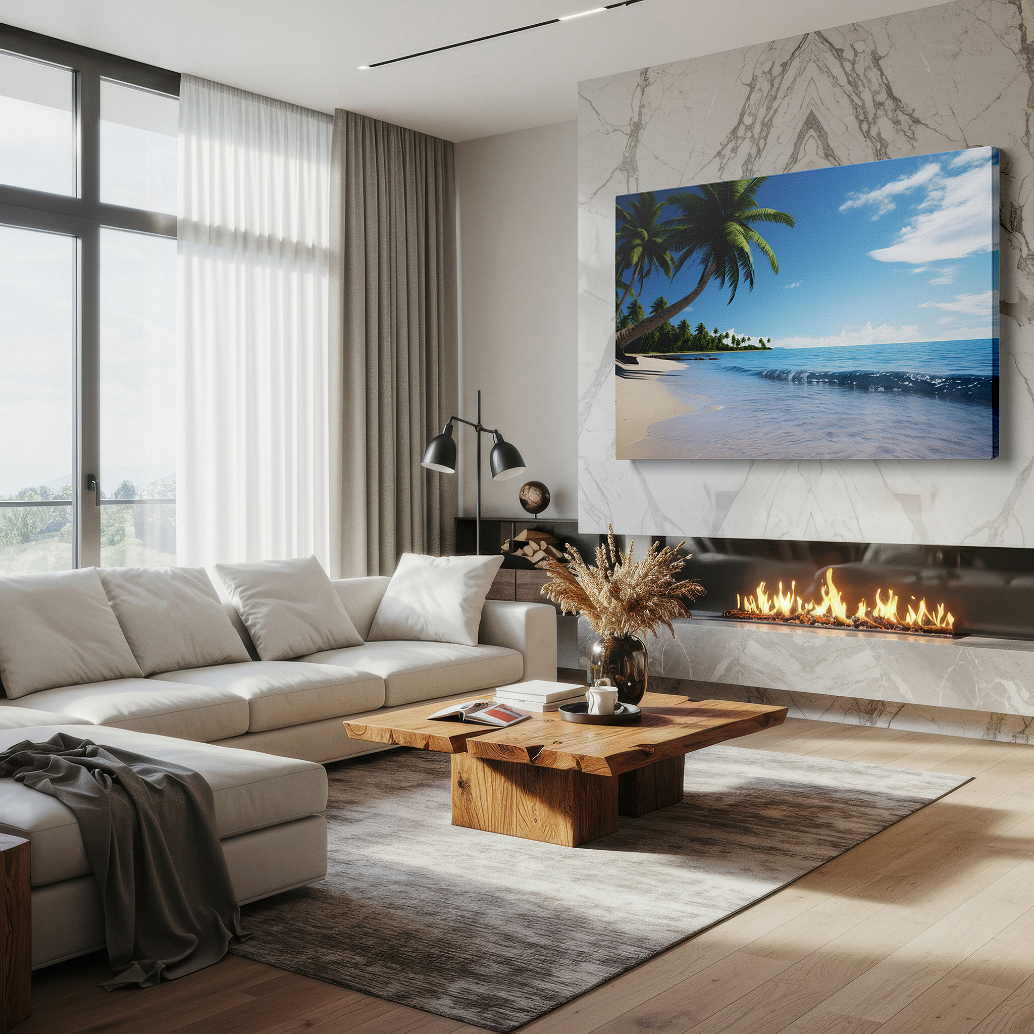 Framed by abstract decor and natural-toned accessories — serene tropical beach scene: a gateway to a sun-drenched paradise - large canvas wall art for office, living room, and bedroom decor
