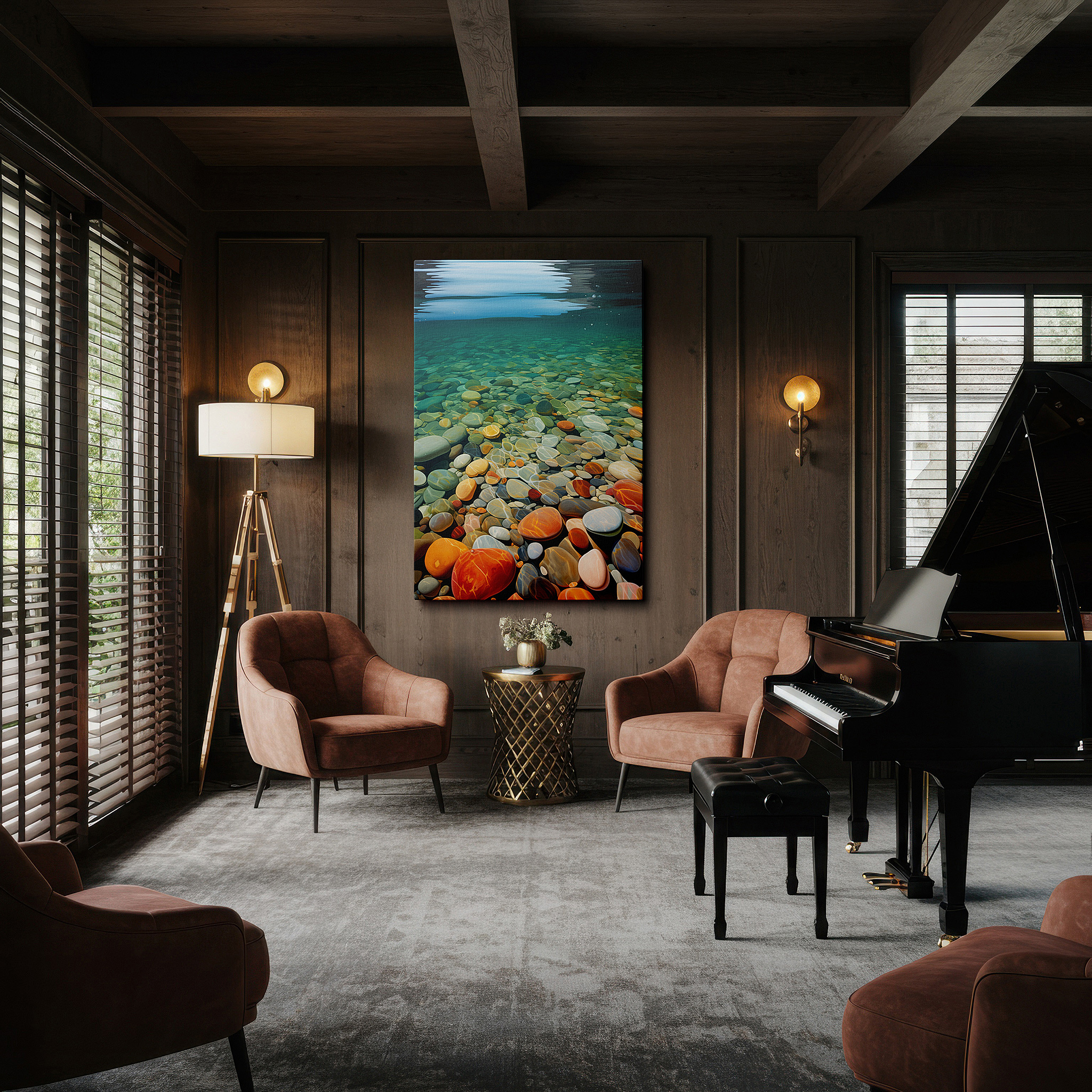 Framed by abstract decor and natural-toned accessories — serene underwater pebble landscape with sunlit hues, large canvas wall art for office, bedroom, and living room decor