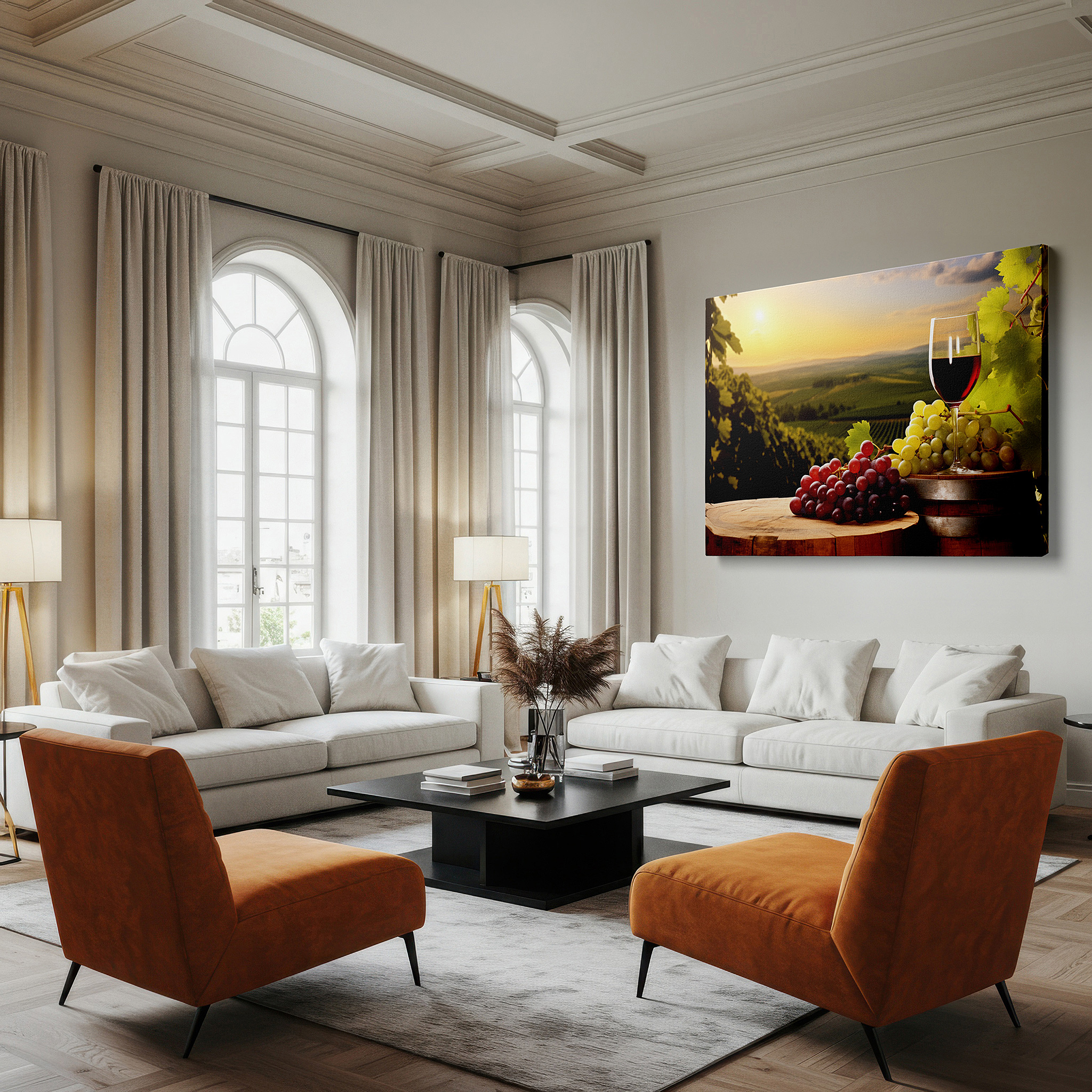 Framed by abstract decor and natural-toned accessories — serene vineyard evening featuring red wine and fresh grapes beneath a golden sunset - large canvas wall art for home and office decor