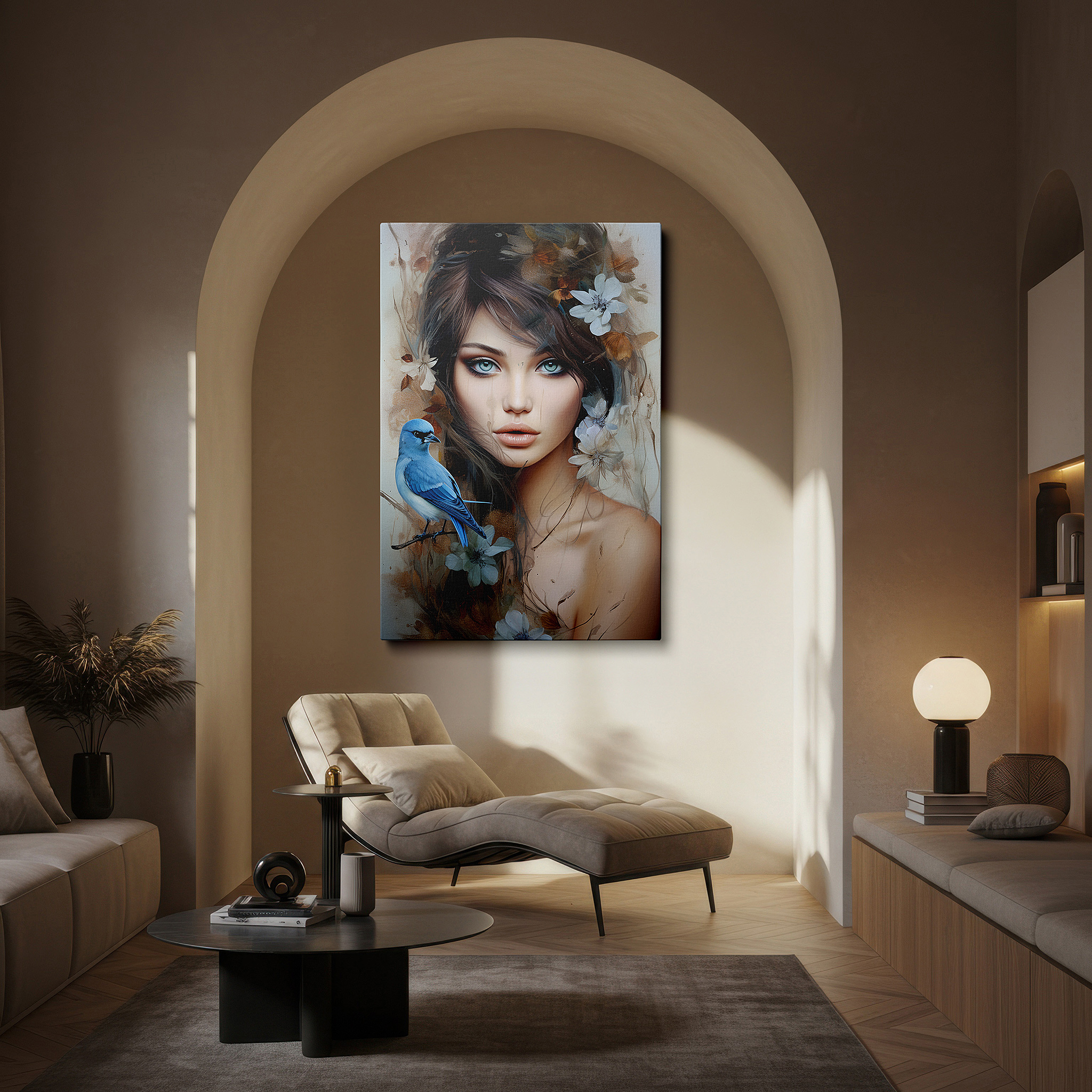 Framed by abstract decor and natural-toned accessories — serene woman surrounded by lively birds and blossoms - a harmonious blend of nature and humanity, large wall art, canvas wall art, wall decor, office wall art