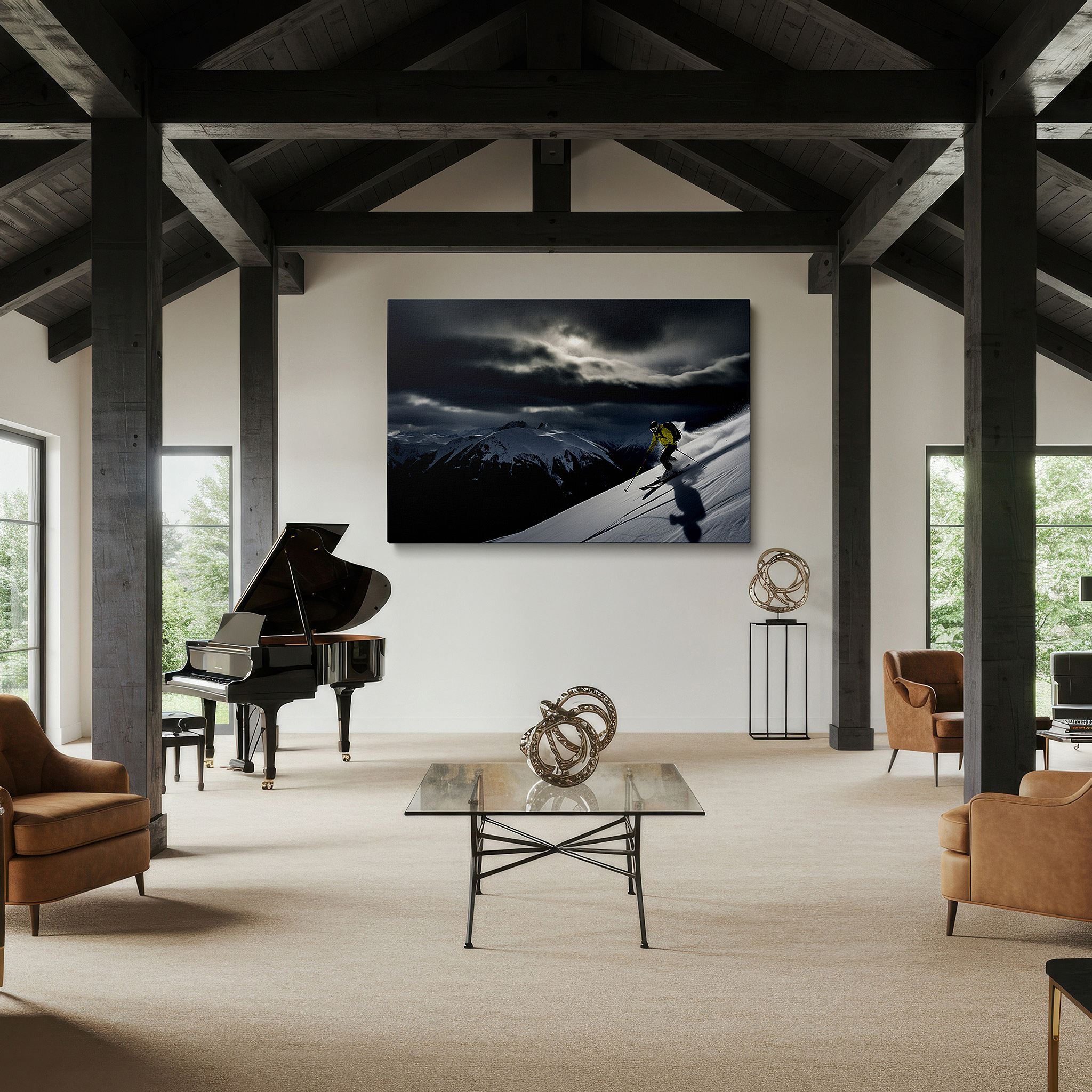 Framed by abstract decor and natural-toned accessories — skier in action with majestic mountains and dramatic skies: large canvas wall art for office, bedroom, and living room decor