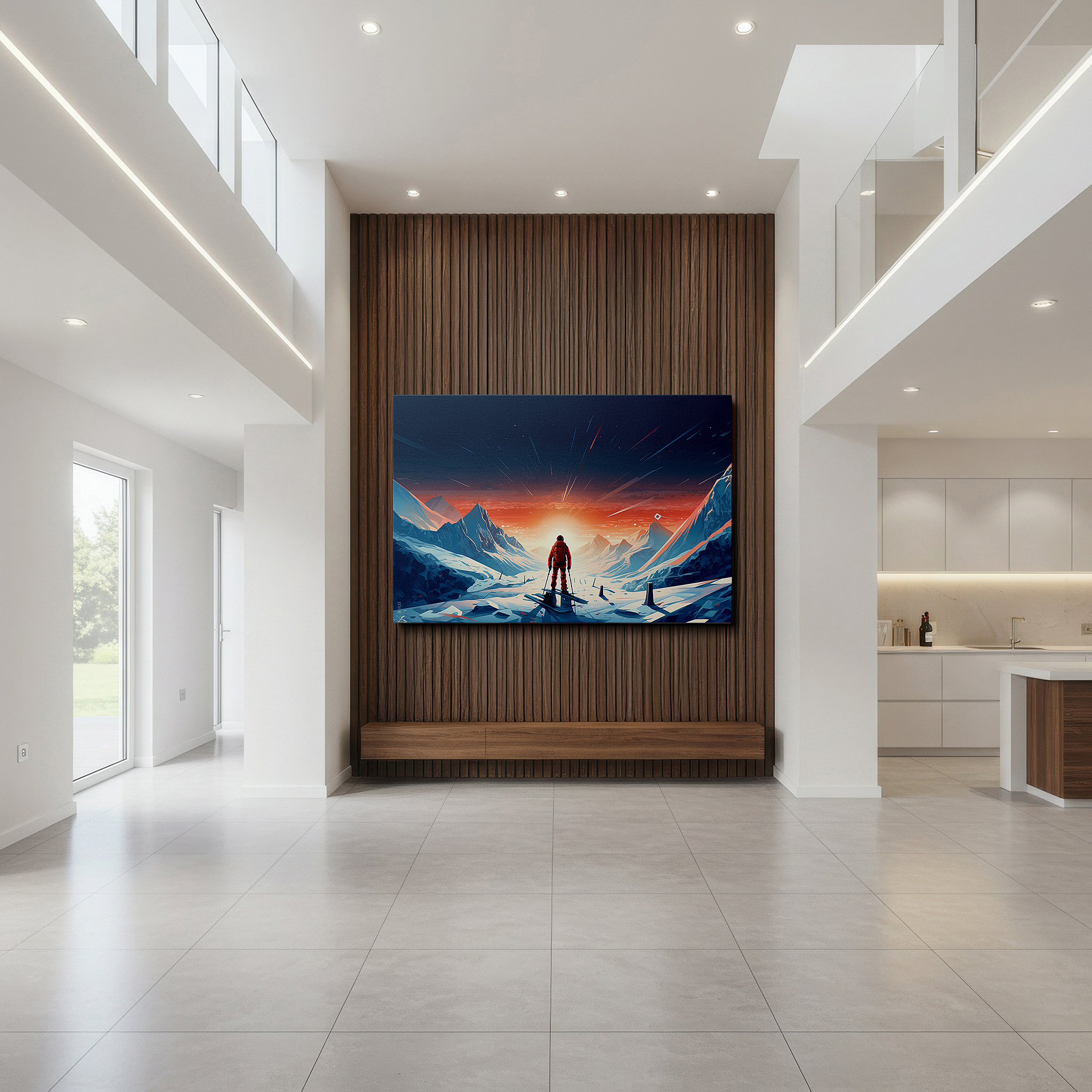 Framed by abstract decor and natural-toned accessories — snow-covered landscape at sunset: bold light and shadow wall art - large canvas for home and office decor
