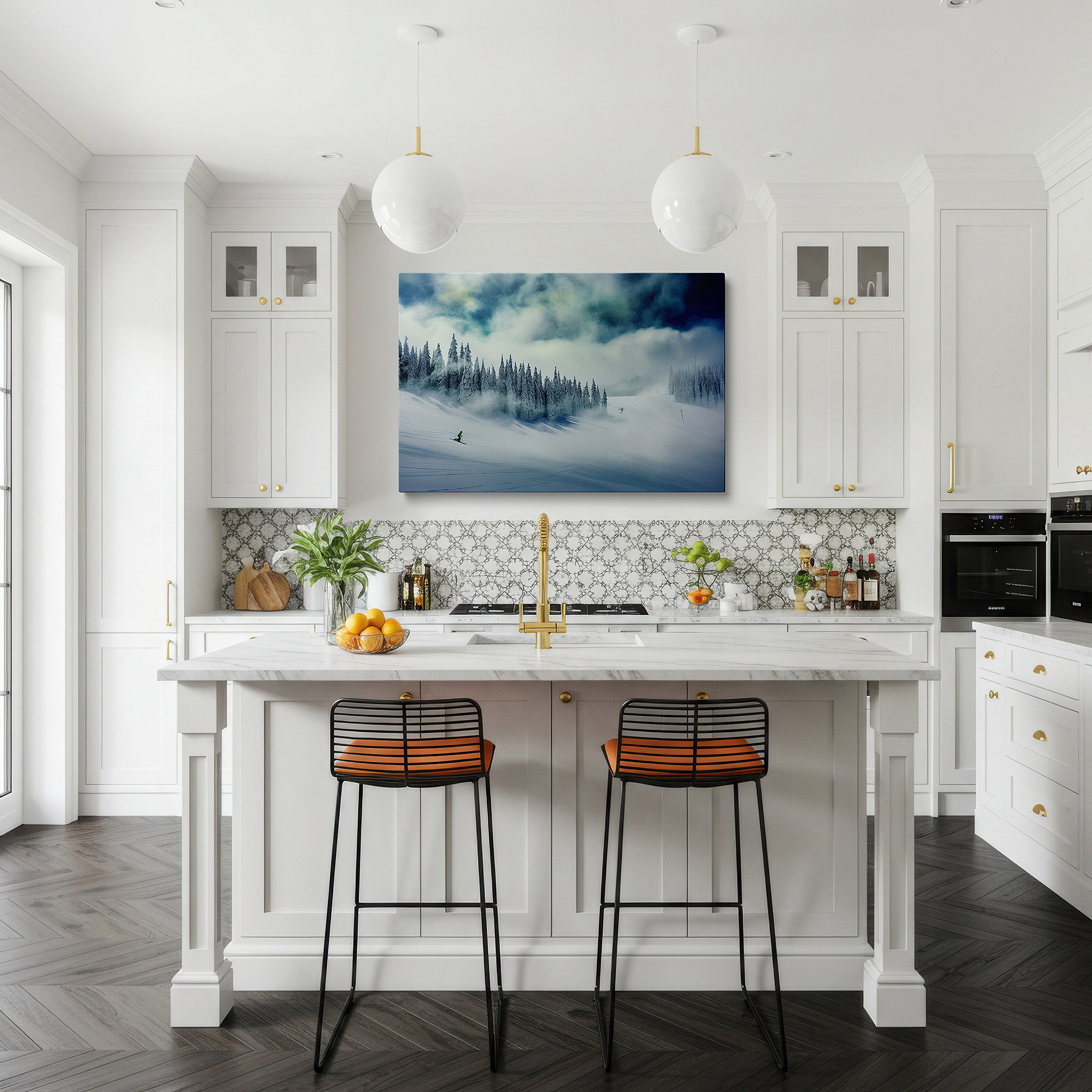 Framed by abstract decor and natural-toned accessories — solo skier wall art: graceful glide through snowy serenity - large canvas for office, bedroom, or living room decor