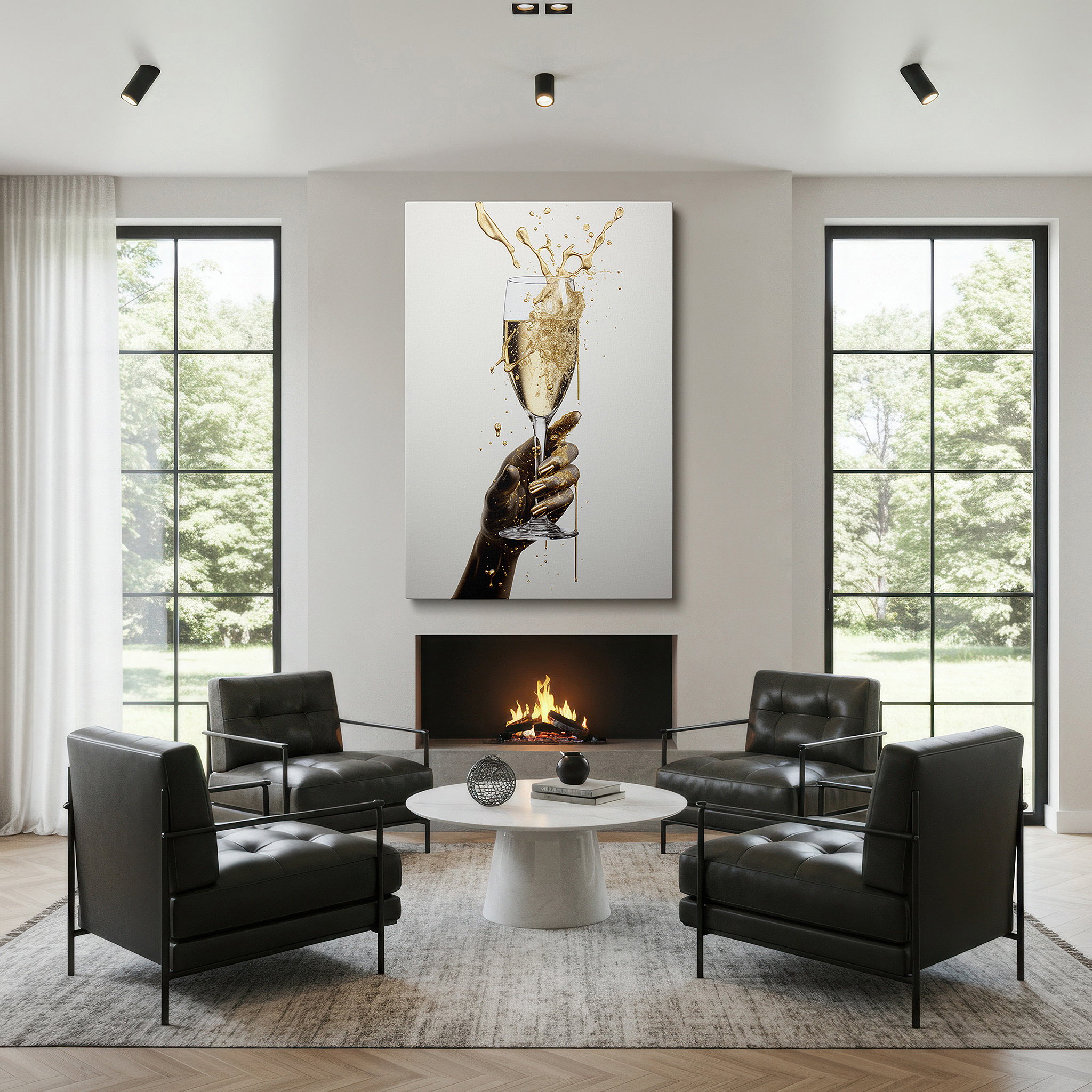 Framed by abstract decor and natural-toned accessories — sophisticated wall art featuring a sculpted hand holding a champagne glass - large canvas art for home and office decor, ideal for living rooms and bedrooms