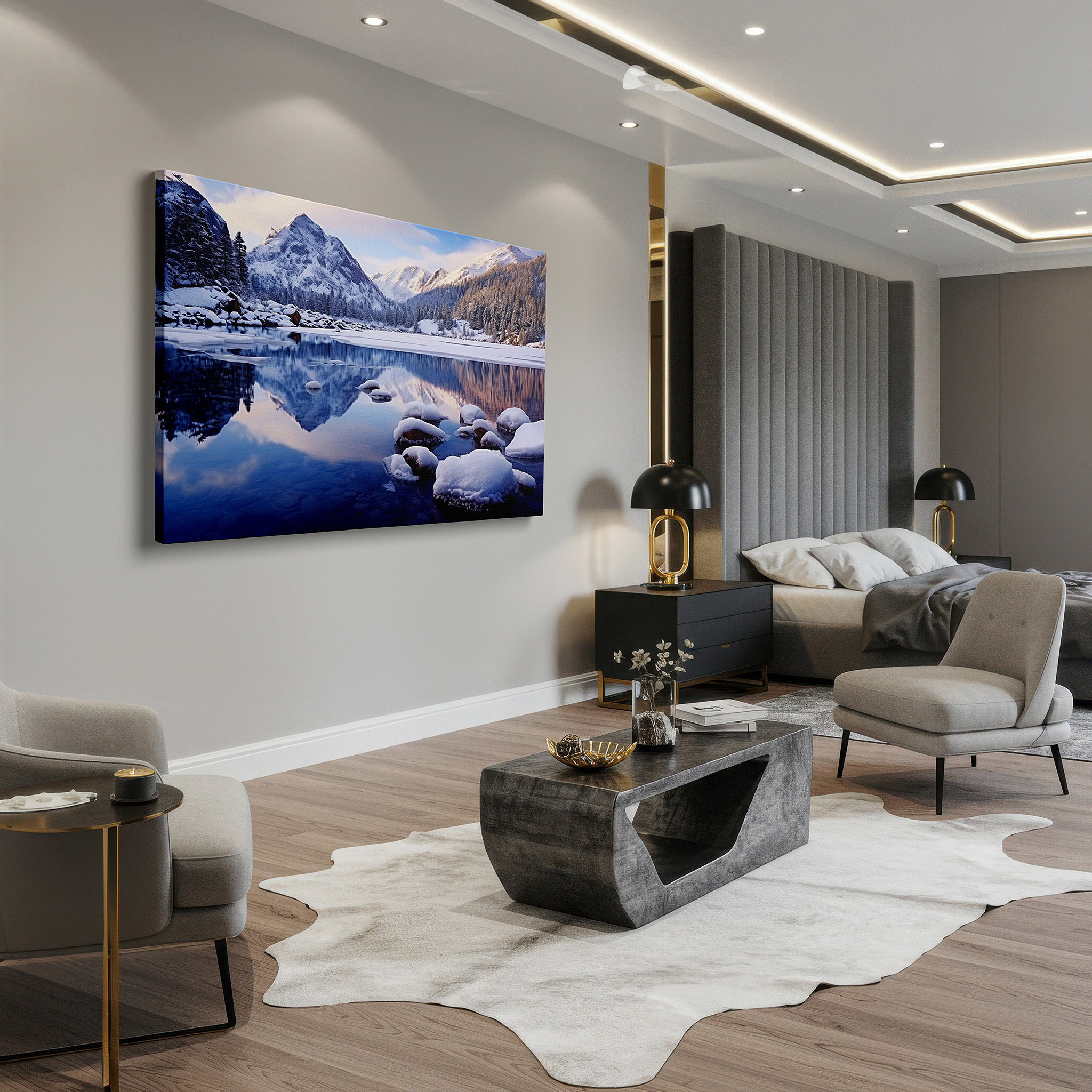 Framed by abstract decor and natural-toned accessories — stunning icebergs and mountain peaks wall art: polar elegance on canvas for office, bedroom, and living room decor