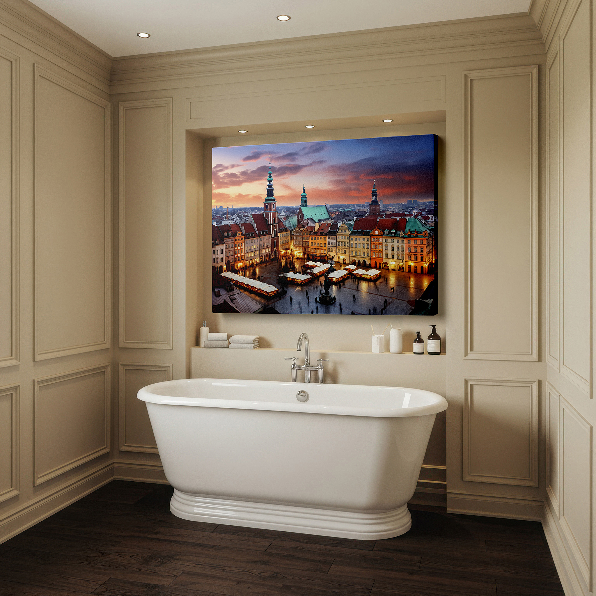 Framed by abstract decor and natural-toned accessories — sunset glow over historic town square: a display of architectural beauty and community spirit - large wall art, canvas wall art, wall decor for office