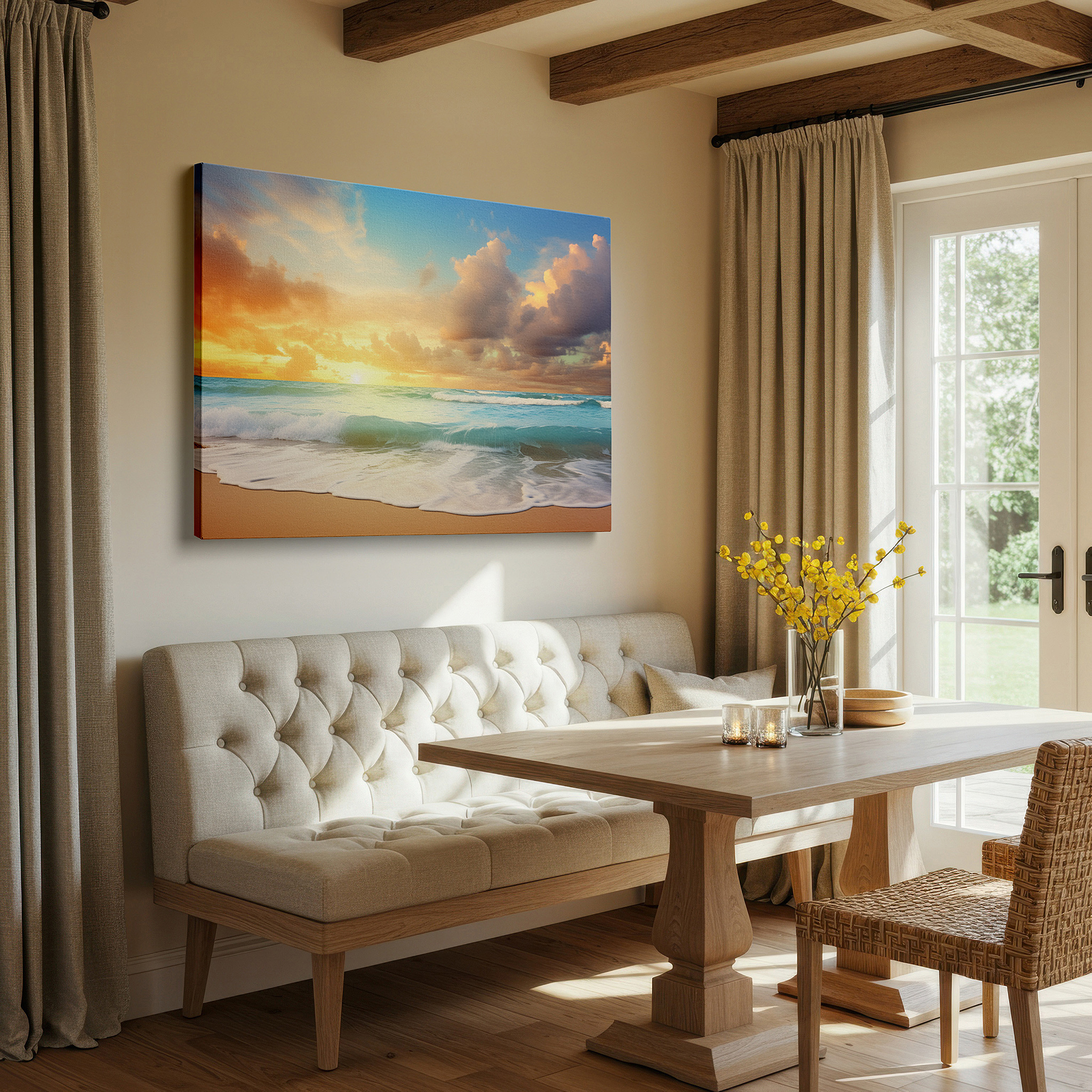 Framed by abstract decor and natural-toned accessories — sunset ocean splendor - peaceful haven with fiery skies and gentle waves large wall art, canvas wall art, wall decor for office and bedroom