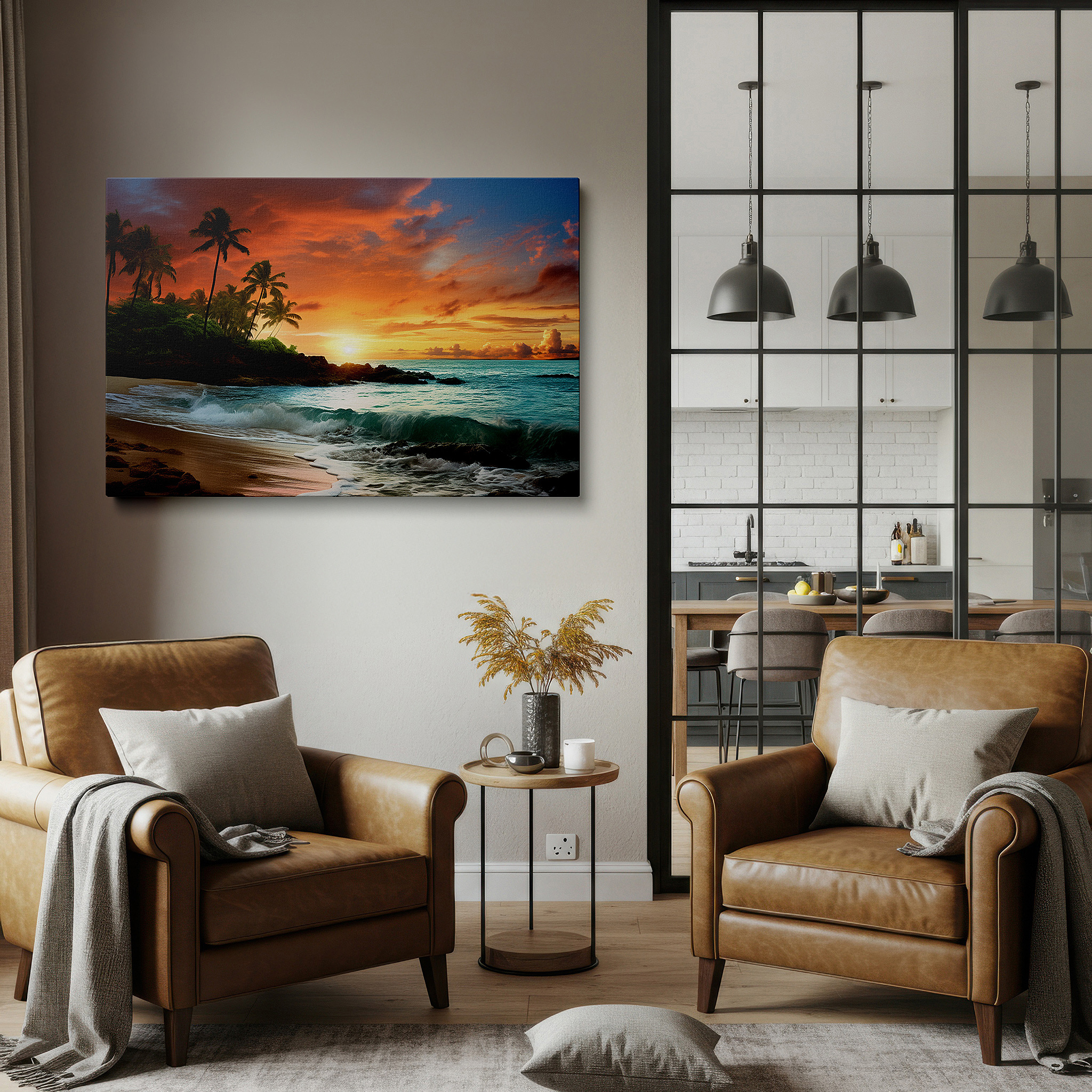 Framed by abstract decor and natural-toned accessories — sunset serenity on a pristine beach with whispering waves and vibrant skies: large canvas wall art for office and bedroom decor