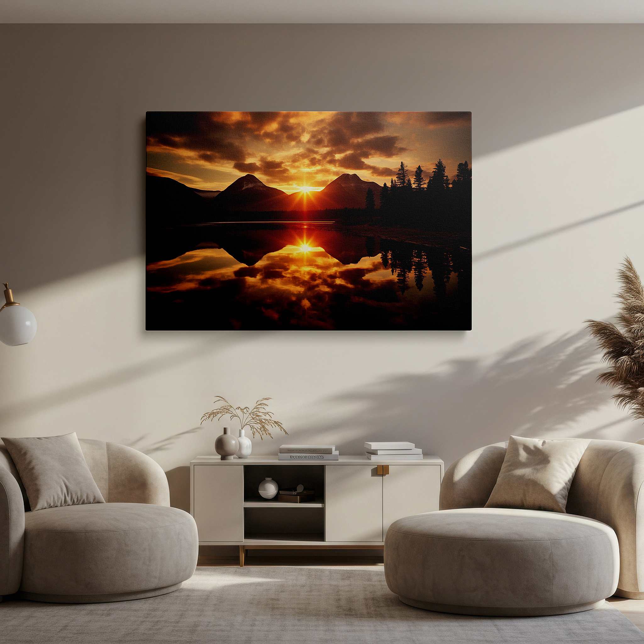 Framed by abstract decor and natural-toned accessories — sunset serenity over tranquil lake with majestic mountain reflections: large canvas wall art for office and bedroom decor