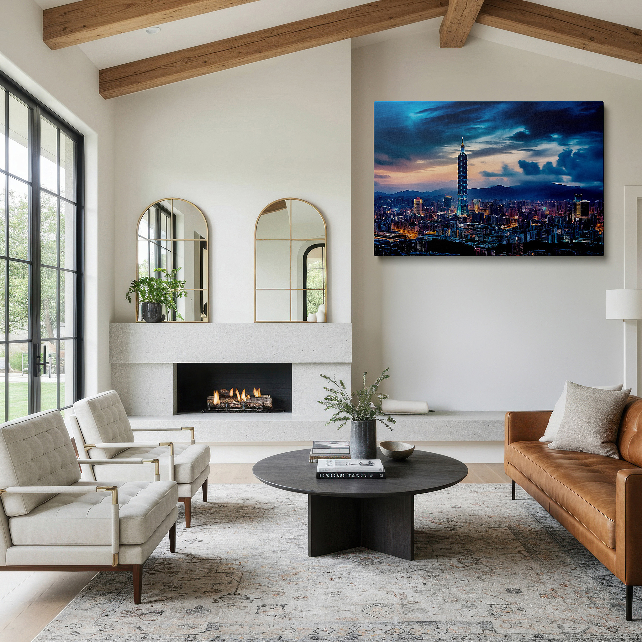 Framed by abstract decor and natural-toned accessories — taipei 101 tower lit up: a dazzling gem in the evening cityscape - large wall art, canvas wall art, wall decor for office and bedroom