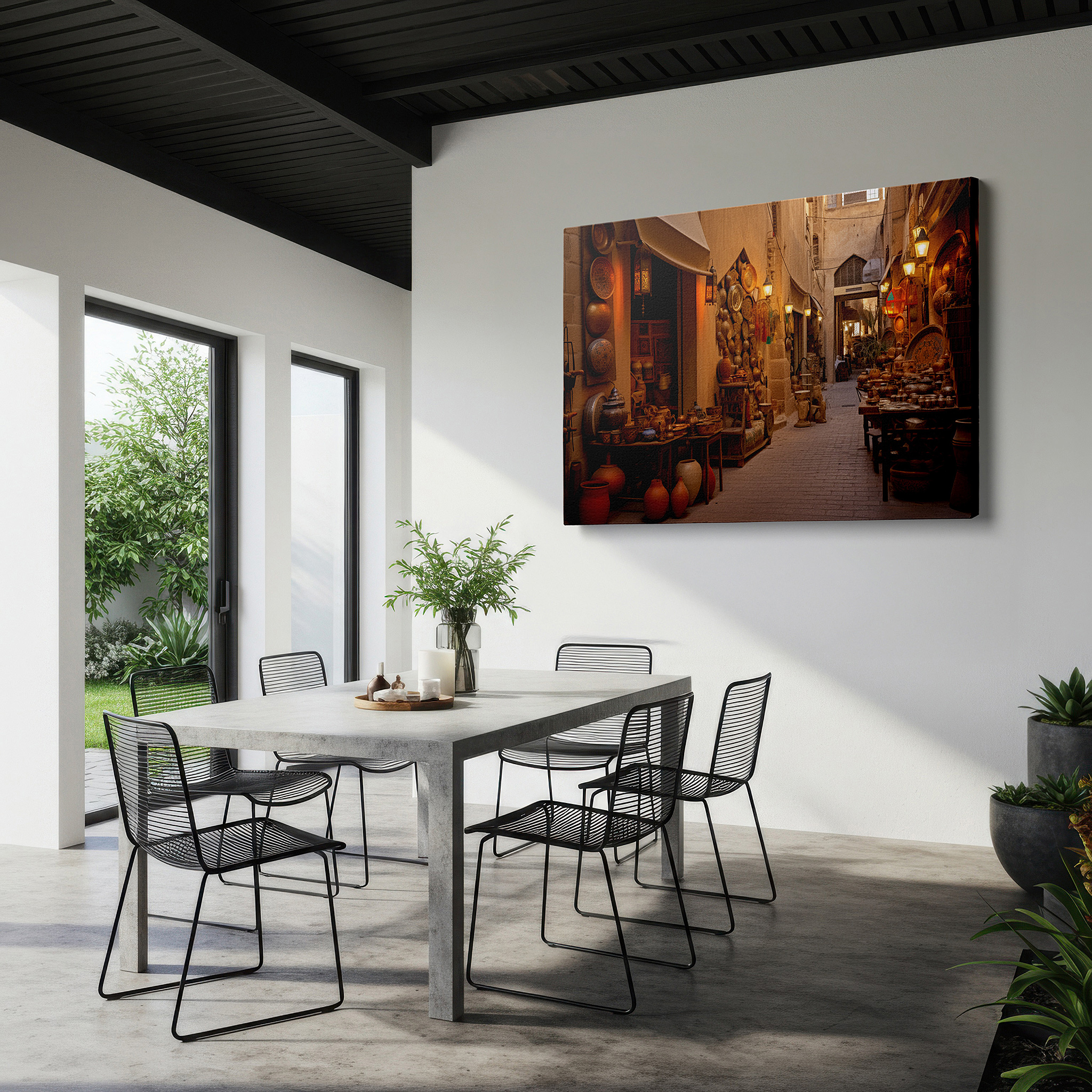 Framed by abstract decor and natural-toned accessories — timeless marketplace ambiance, warm and welcoming cultural scene large wall art, canvas wall art, wall decor for office and bedroom
