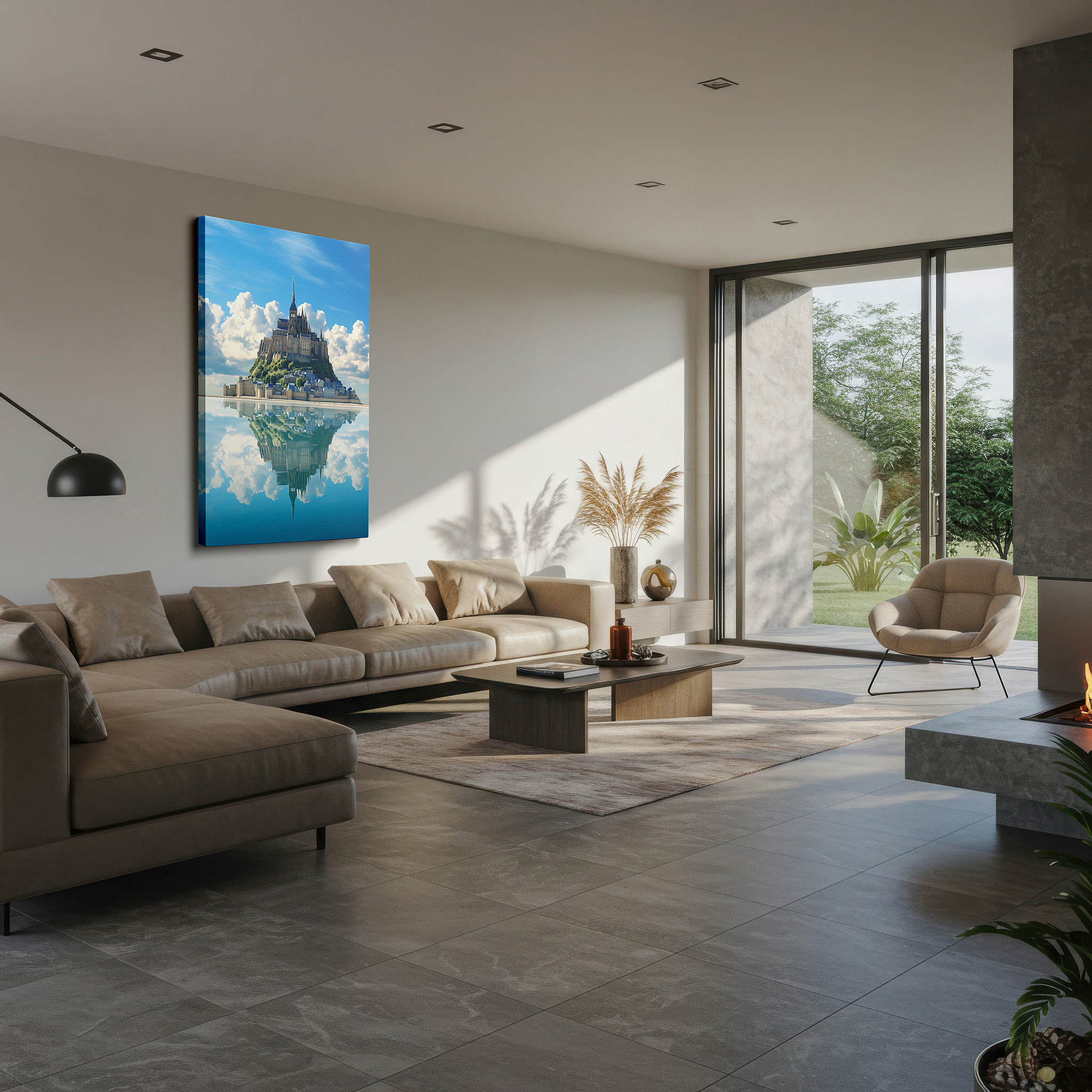 Framed by abstract decor and natural-toned accessories — tranquil island castle wall art: reflecting architectural majesty in serene waters, large canvas decor