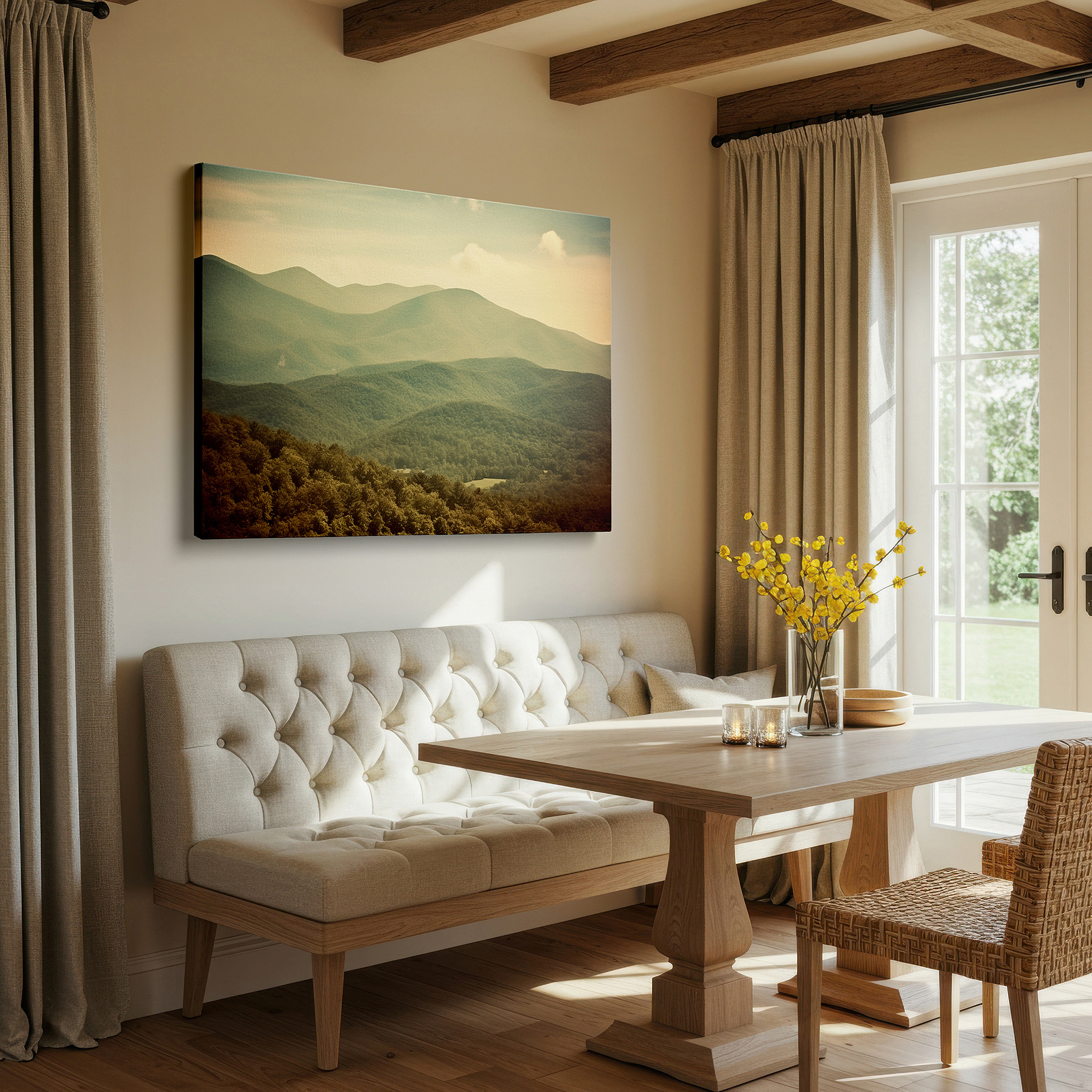 Framed by abstract decor and natural-toned accessories — tranquil landscape with rolling mountains under a soft, muted sky, large canvas wall art, peaceful natural beauty wall decor