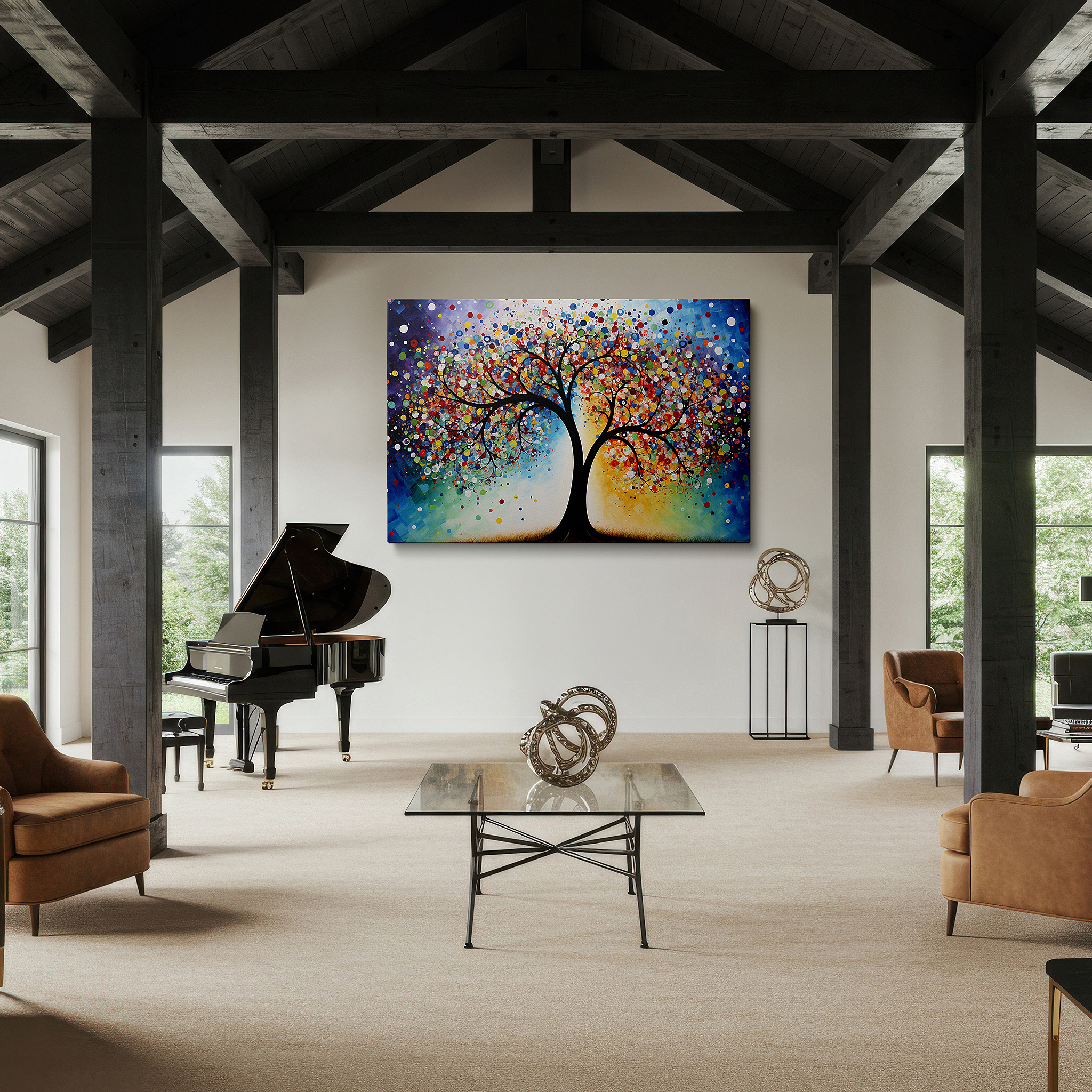 Framed by abstract decor and natural-toned accessories — vibrant abstract tree of life, symbolizing growth and harmony, large canvas wall art for office and bedroom decor