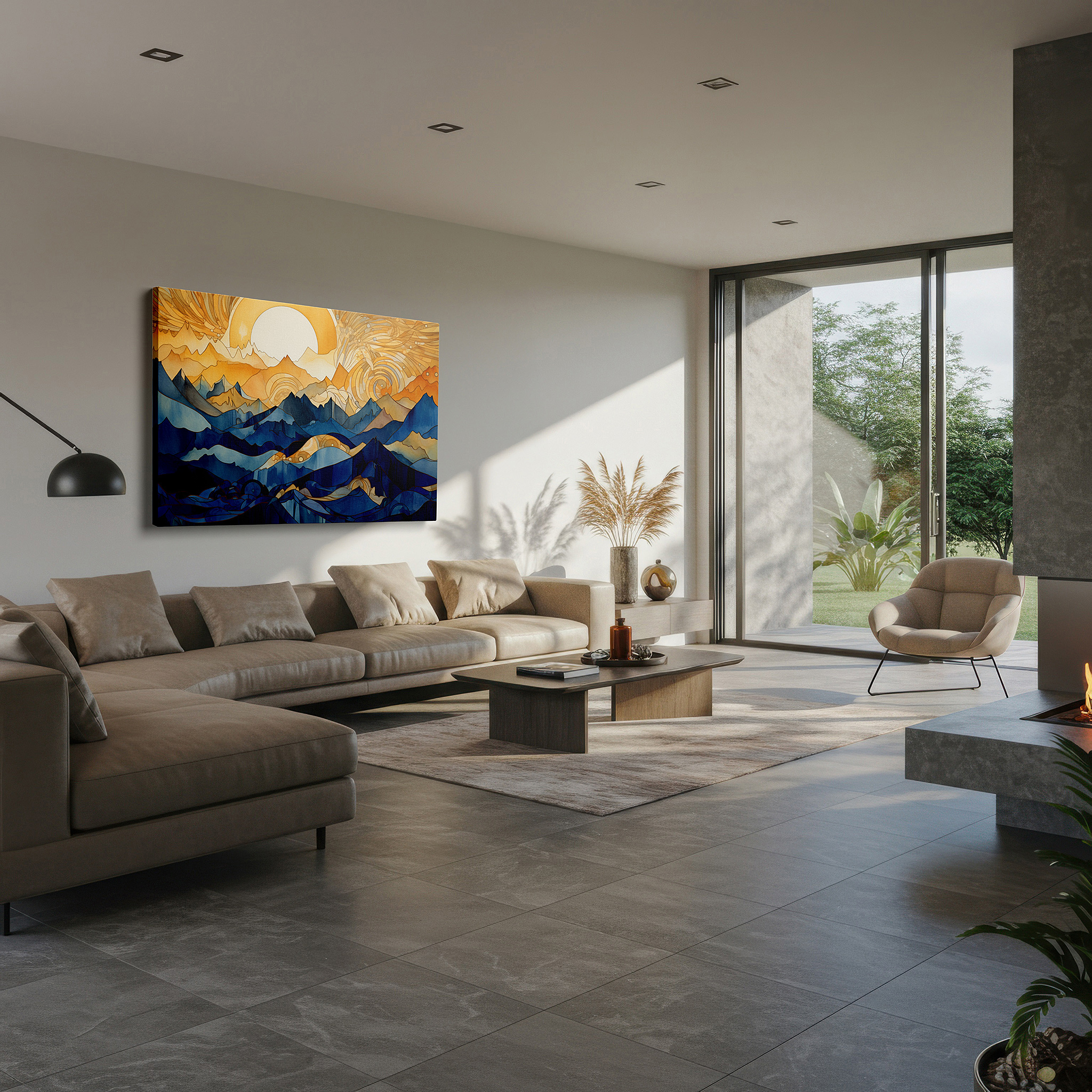 Framed by abstract decor and natural-toned accessories — vibrant mountain landscape in bold blues and bright oranges, perfectly balancing energy and calmness, large wall art, canvas wall art