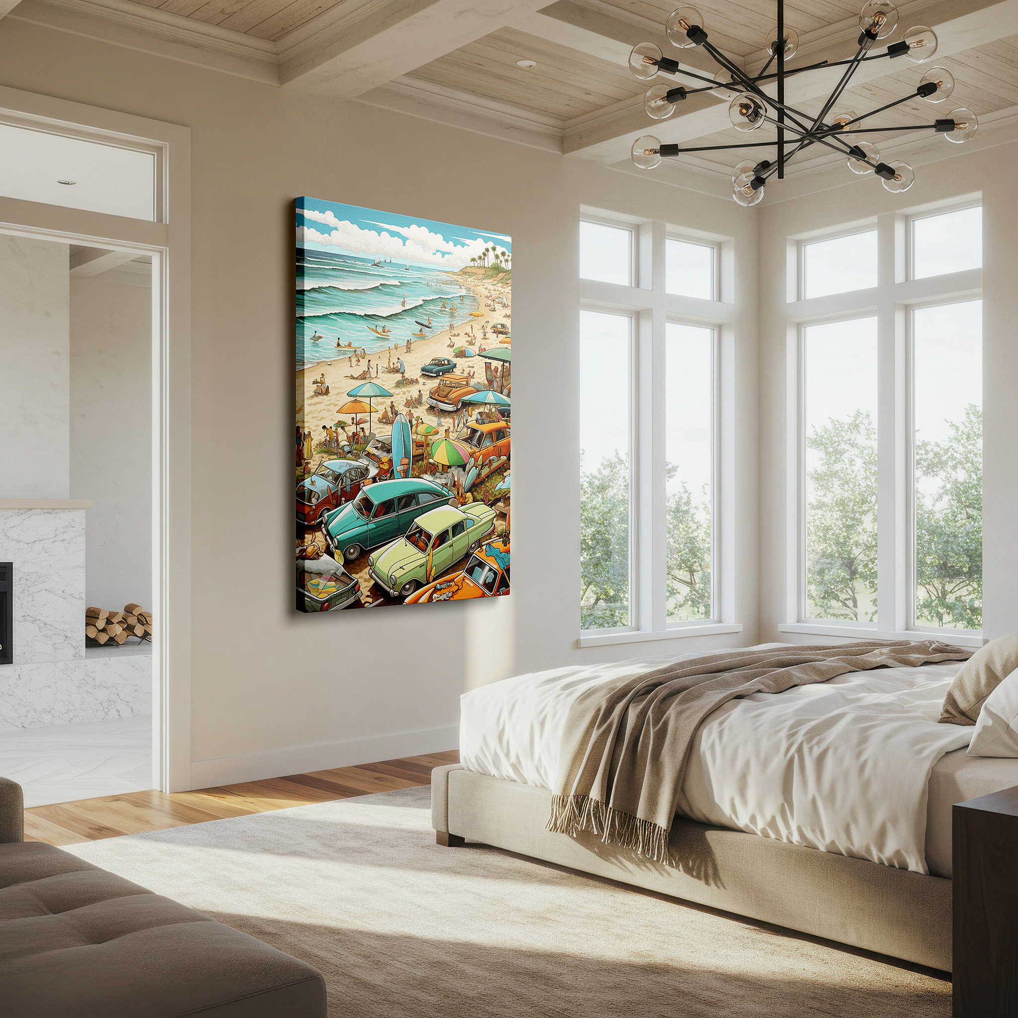 Framed by abstract decor and natural-toned accessories — vibrant retro beach scene featuring classic cars and sunny days - large canvas wall art for office, bedroom, and living room decor