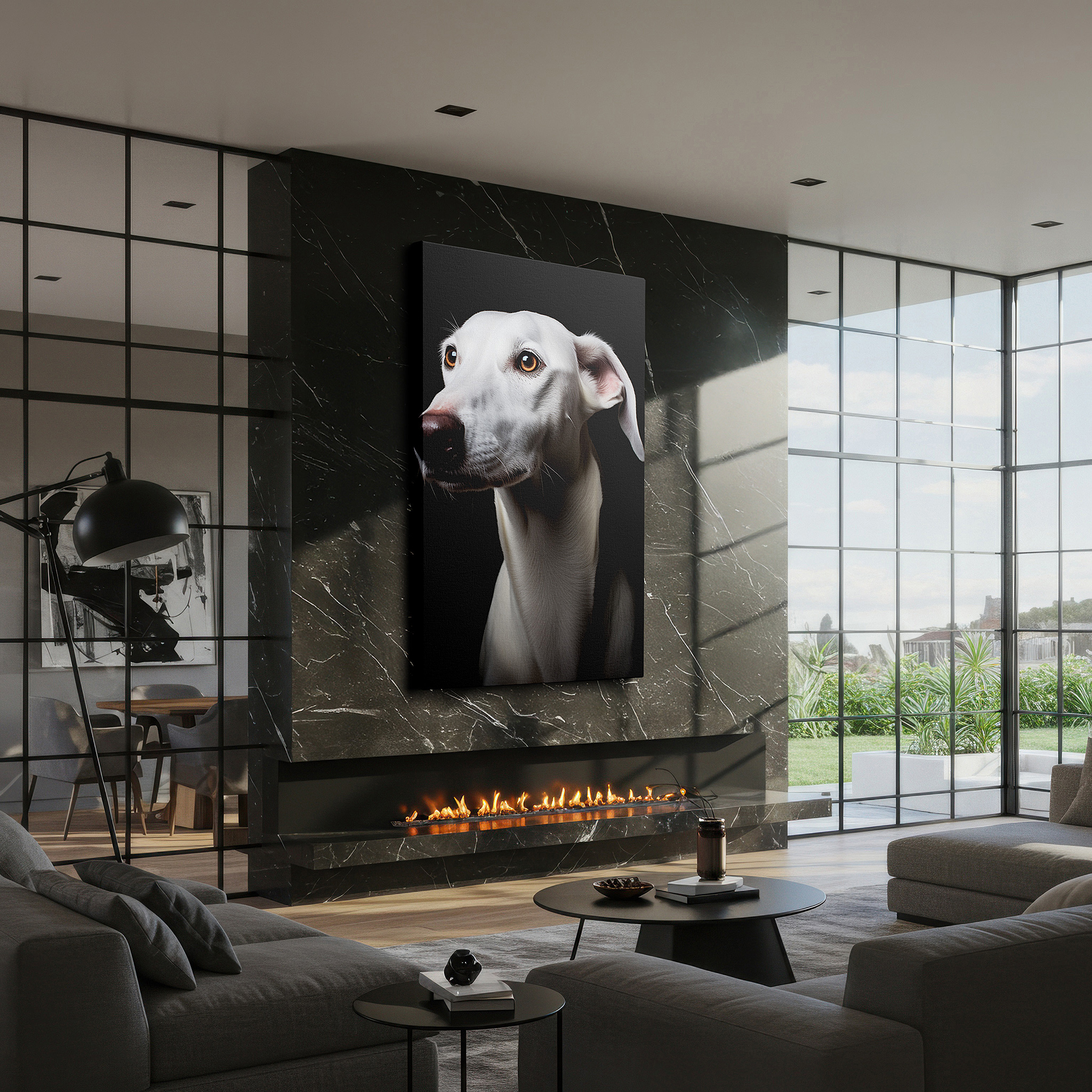 Framed by abstract decor and natural-toned accessories — wall art: captivating white dog with a soulful gaze against a dark, serene backdrop - large canvas wall art for office, bedroom, and living room decor