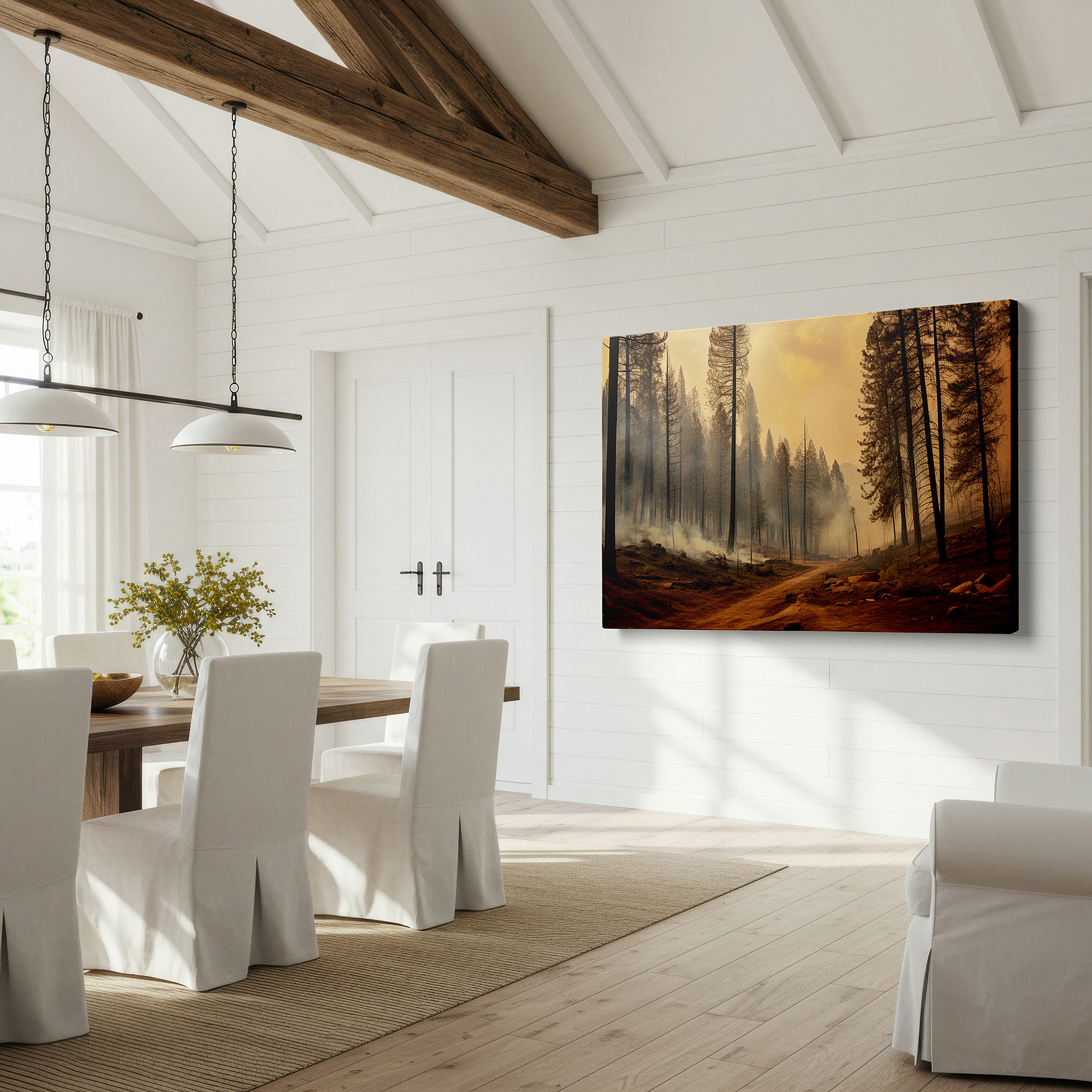 Framed by abstract decor and natural-toned accessories — wall art: charred forest resilience - a poignant reflection on nature's cycle of destruction and renewal. large canvas wall art for home and office decor.