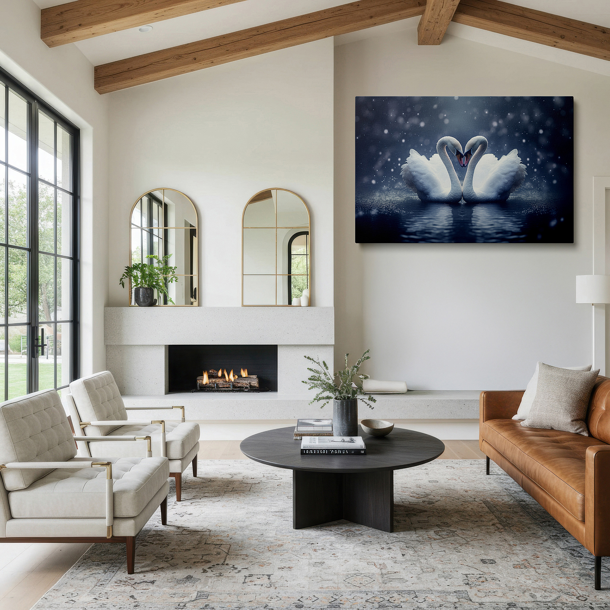 Framed by abstract decor and natural-toned accessories — wall art: elegant swans creating a heart on peaceful waters - emblem of love and unity. ideal for home and office decor, including large canvas options for bedrooms.
