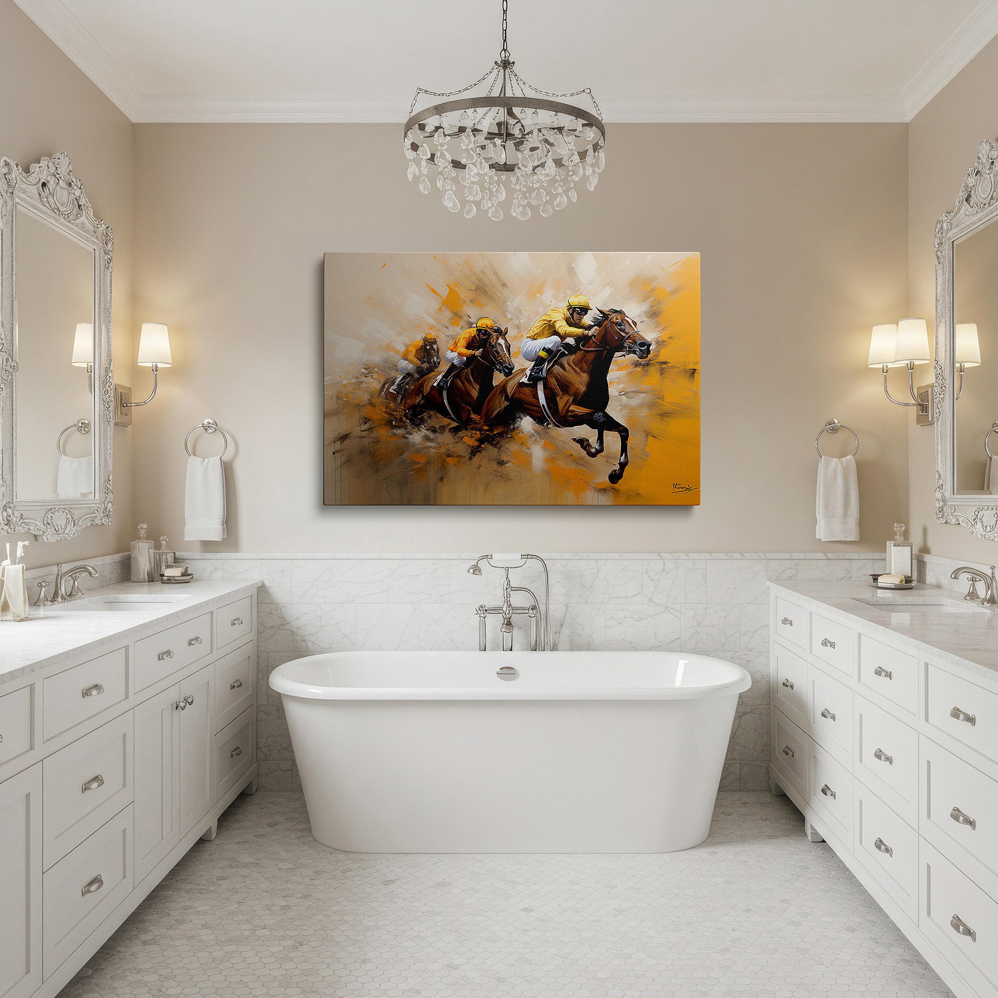 Framed by abstract decor and natural-toned accessories — wall art: experience the excitement of race day with dynamic horse and jockey imagery - large canvas art for home and office decor, perfect for living room and bedroom