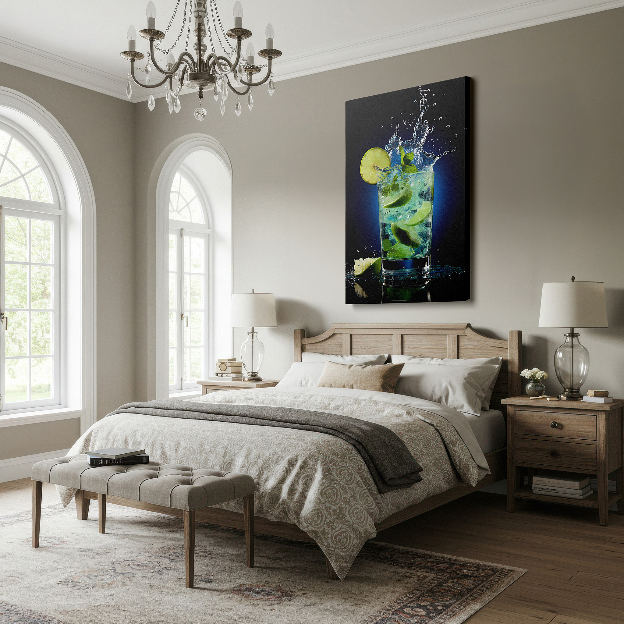 Framed by abstract decor and natural-toned accessories — wall art: lively mojito splash - a vivid display of bubbles and light. large canvas wall art for office and bedroom decor.