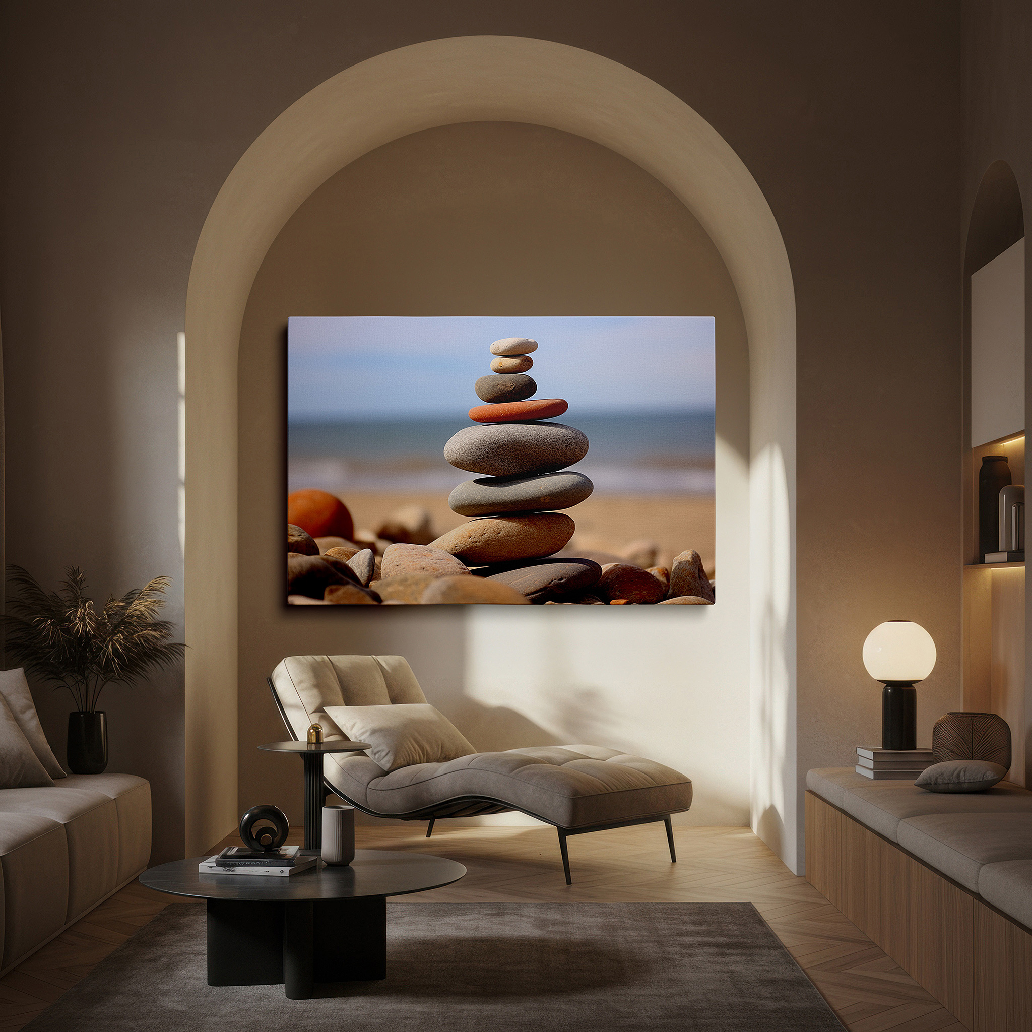 Framed by abstract decor and natural-toned accessories — wall art: "serenity in balance" - pebbles on a tranquil beach for calm and reflection. large canvas wall art for office and bedroom decor.