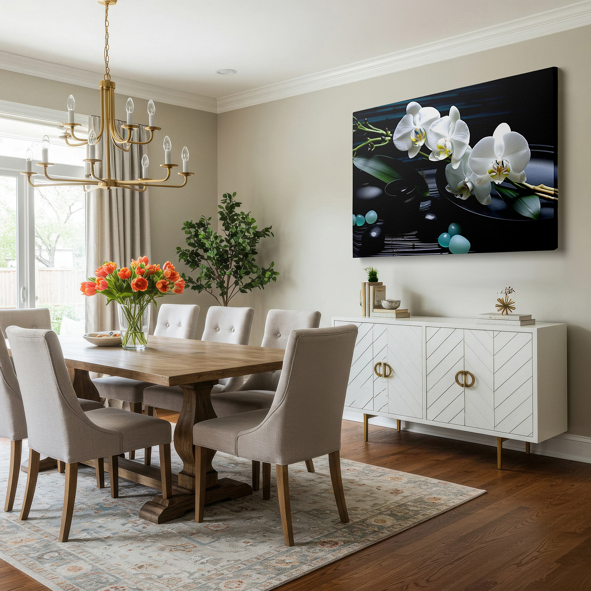 Framed by abstract decor and natural-toned accessories — wall decor: elegant white orchids and serene stones - large canvas art for office and bedroom