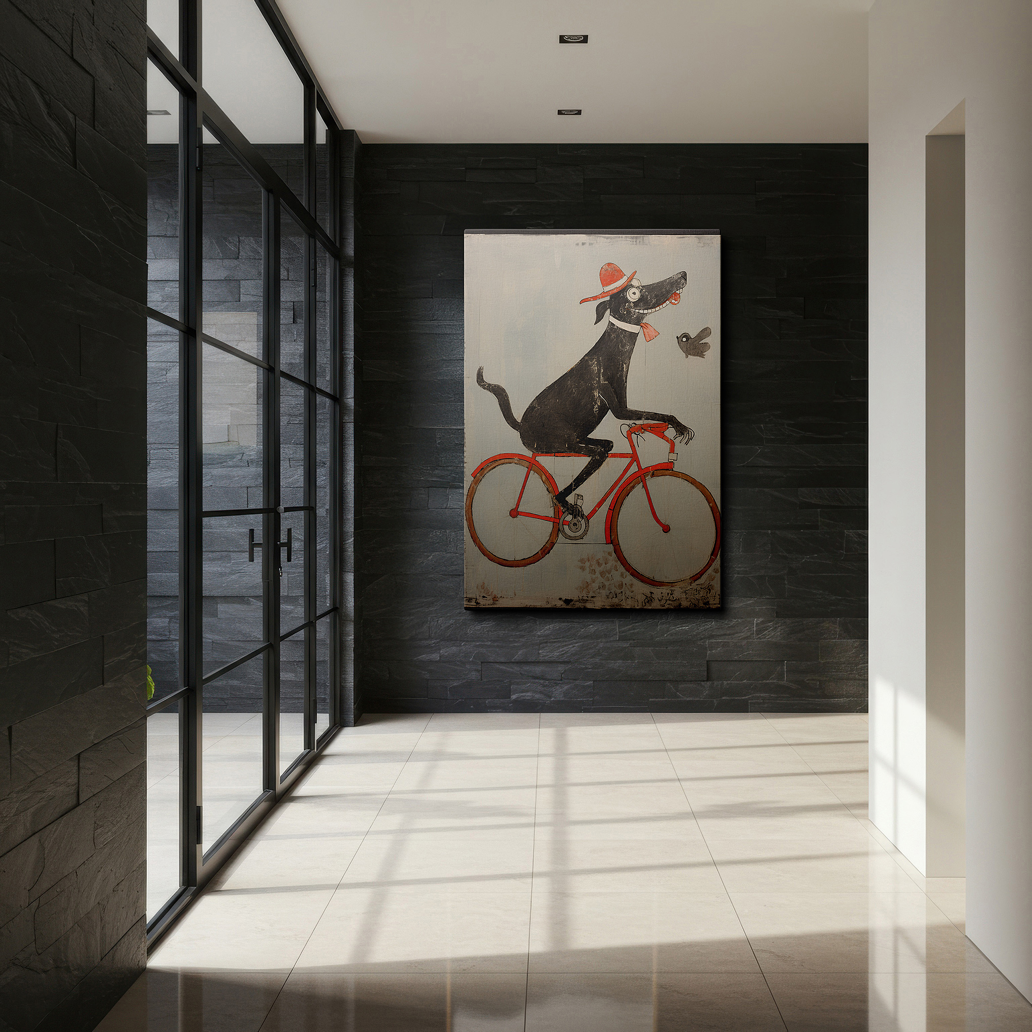 Framed by abstract decor and natural-toned accessories — wall decor: joyful black dog on an orange bicycle with a red hat - large canvas art for office and bedroom