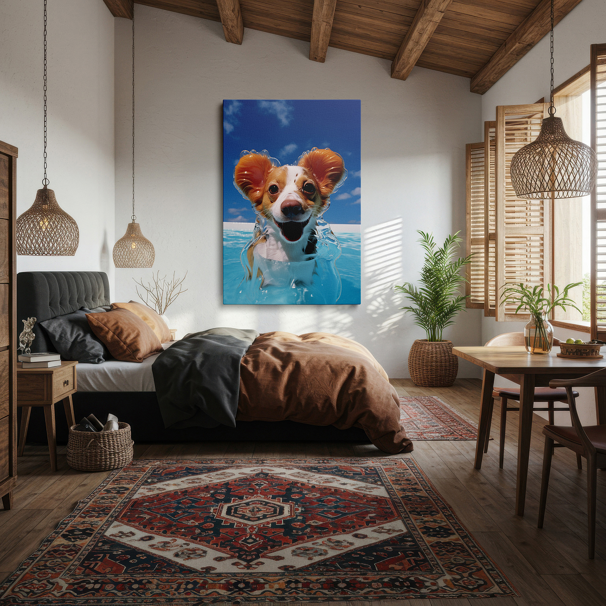 Framed by abstract decor and natural-toned accessories — wall decor: joyful dog frolicking in a sunny pool - a tribute to summer fun and vibrant energy, large canvas wall art for home and office decor