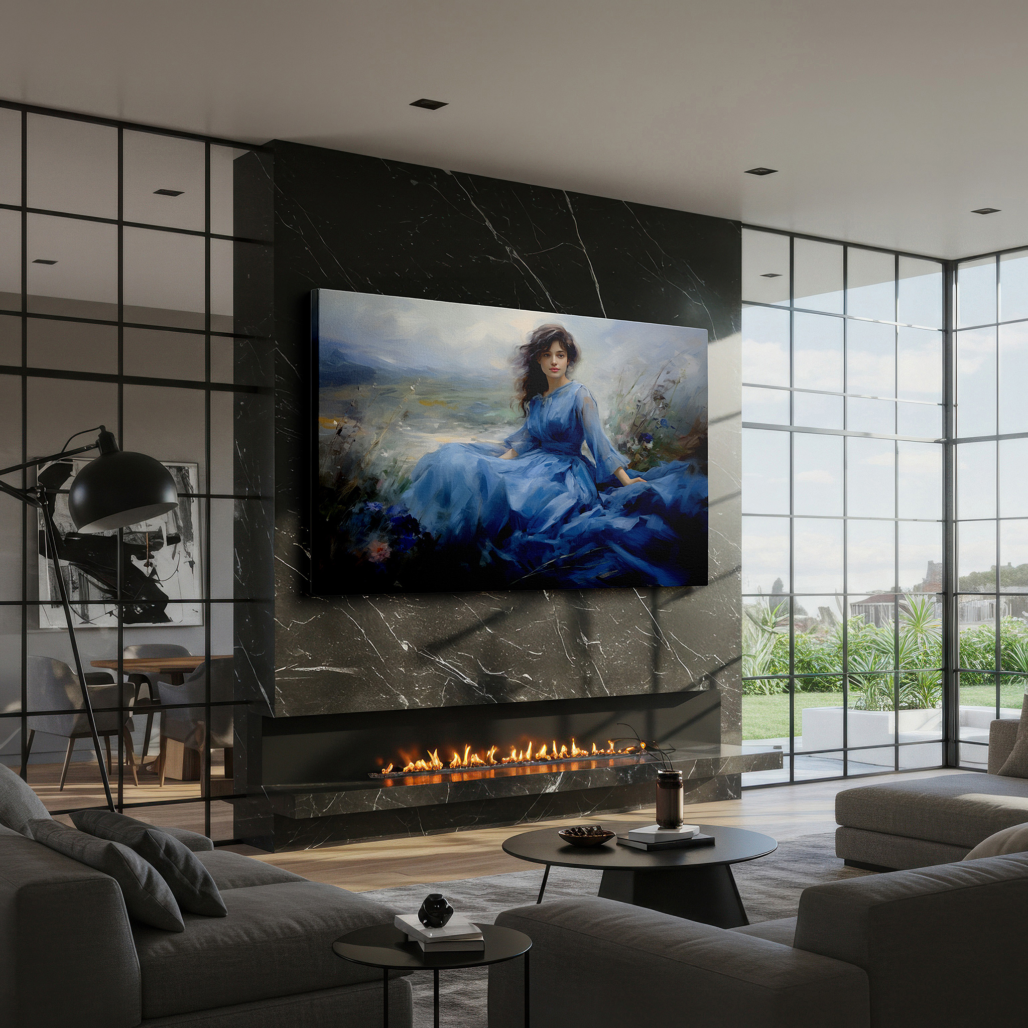 Framed by abstract decor and natural-toned accessories — young woman in a blooming garden: serene elegance and harmony with nature - large canvas wall art for office decor