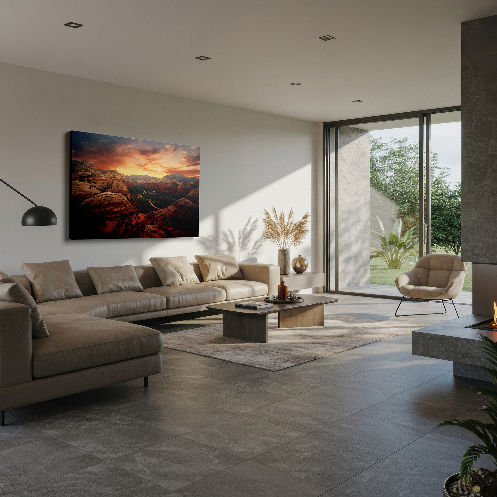 Framed by abstract decor and natural-toned accessories — zion's sunset majesty: fiery hues and majestic cliffs - large canvas wall art for office and bedroom decor