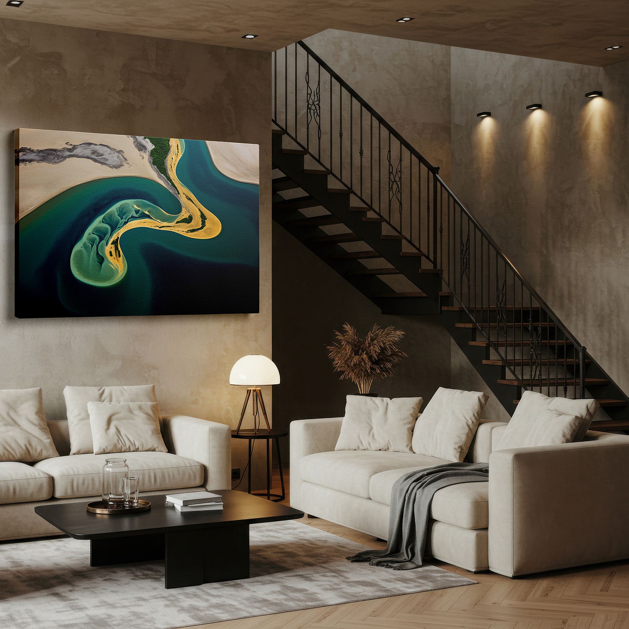 Gently illuminated by ambient lighting in an entryway — aerial island oasis surrounded by bright blue river large wall art, canvas wall decor, office wall decor, bedroom wall decor, living room wall art